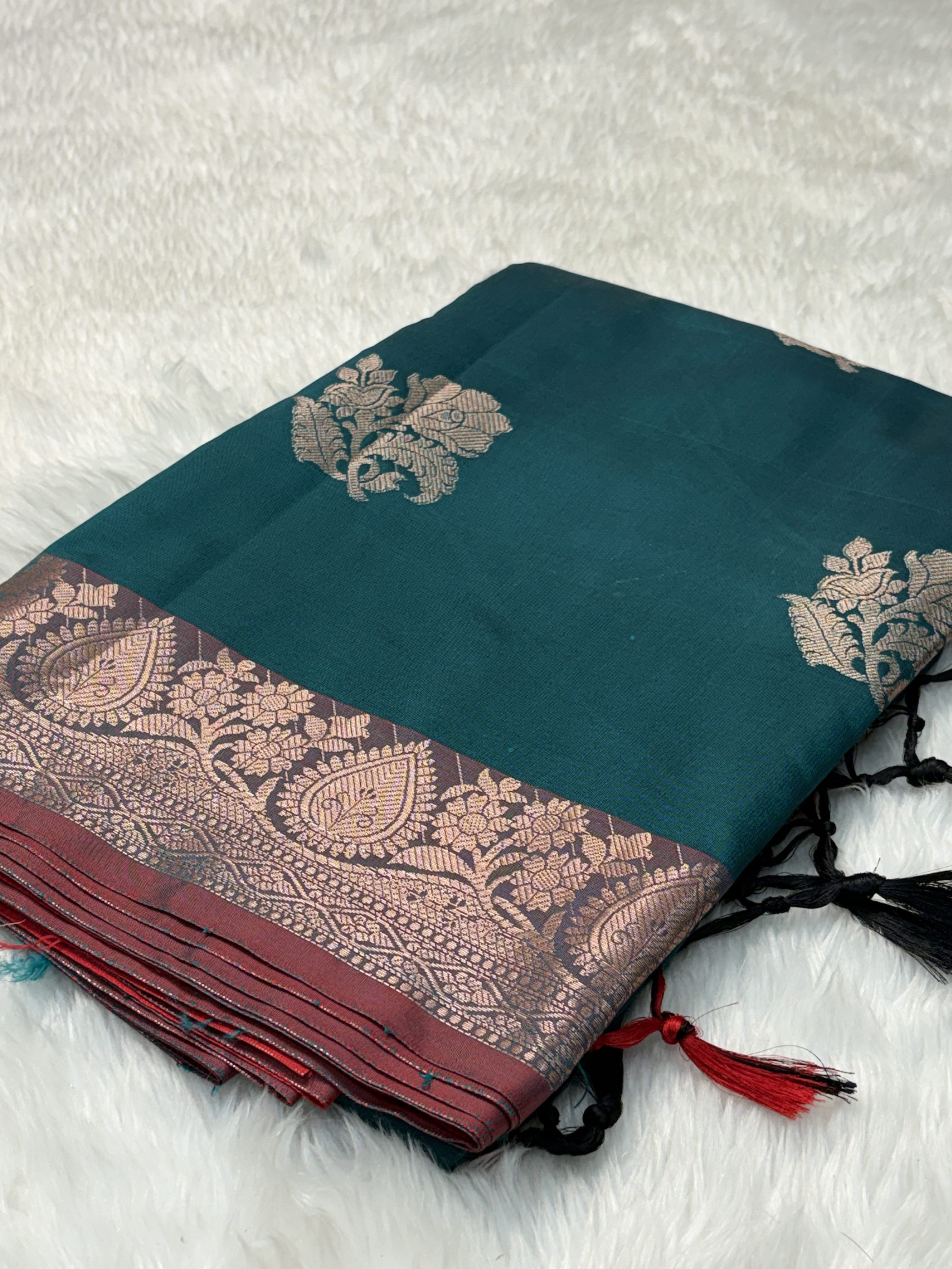 Deep Teal Blue Soft Banarasi Katan Silk Buta Saree