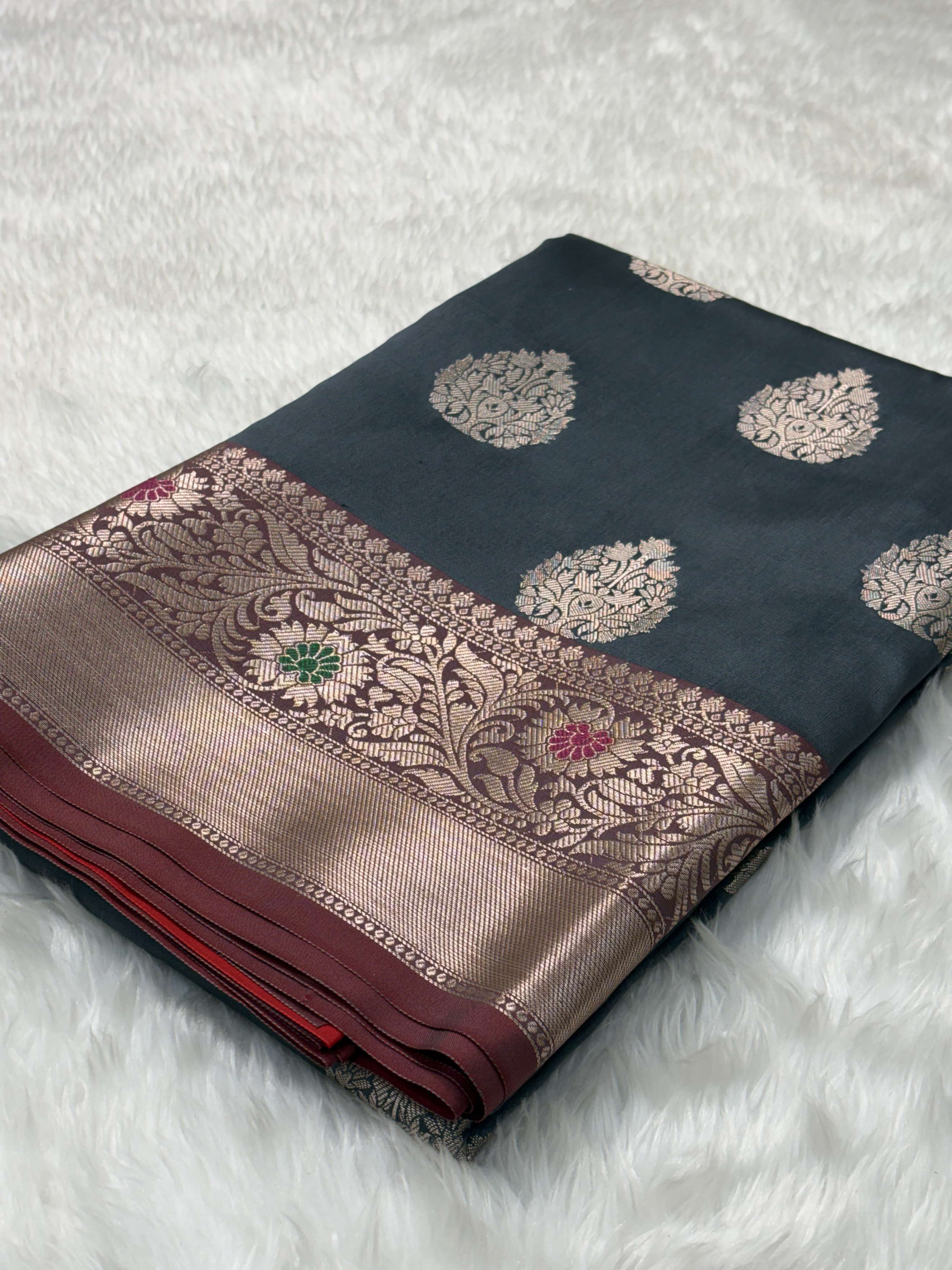Steel Grey Banarasi Buta Katan Silk Saree with Minakari Border