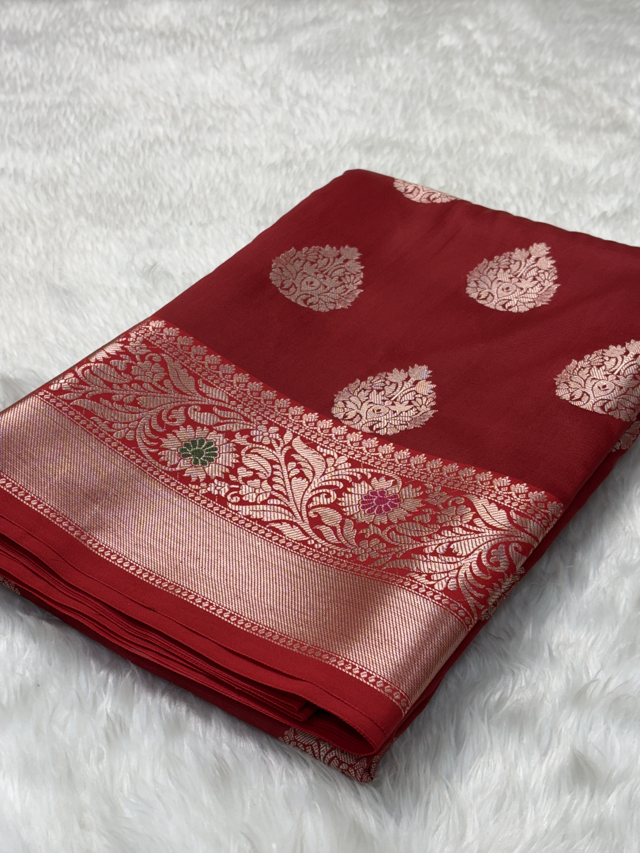 Royal Crimson Red Banarasi Buta Katan Silk Saree with Minakari Border