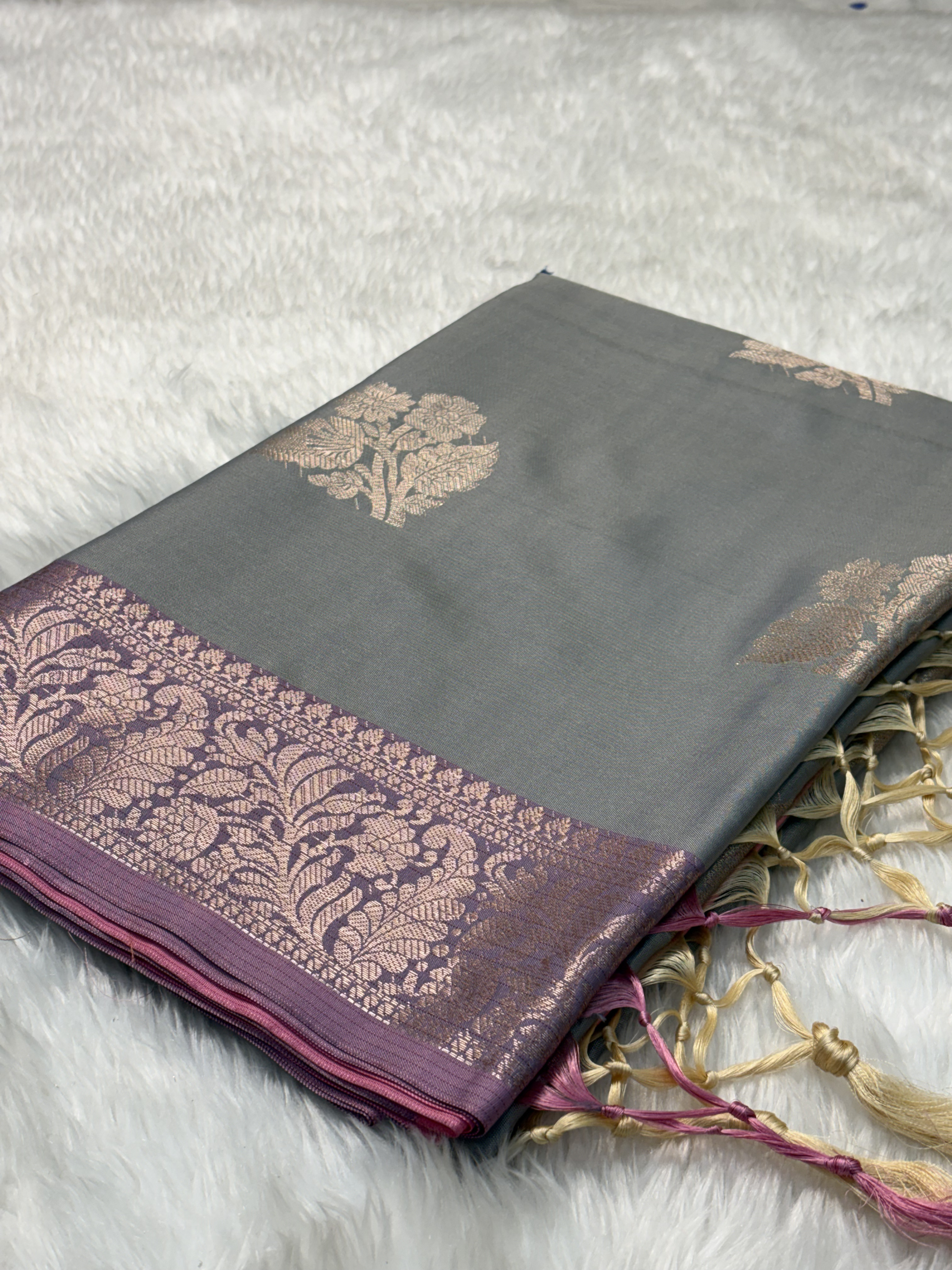 Smoky Ash Grey Soft Banarasi Katan Silk Buta Weaving Saree