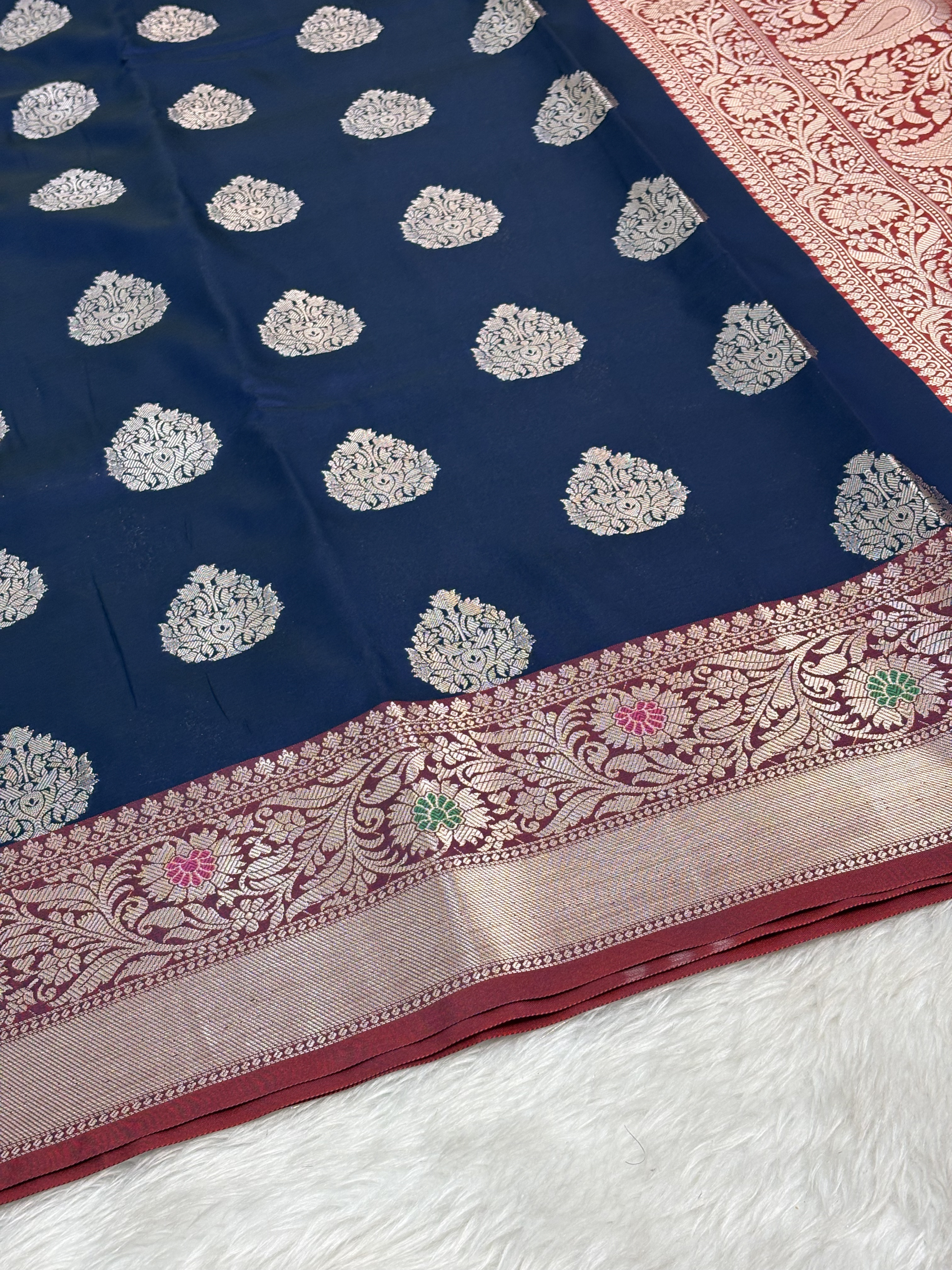 Royal Navy Blue Banarasi Buta Katan Silk Saree with Minakari Border