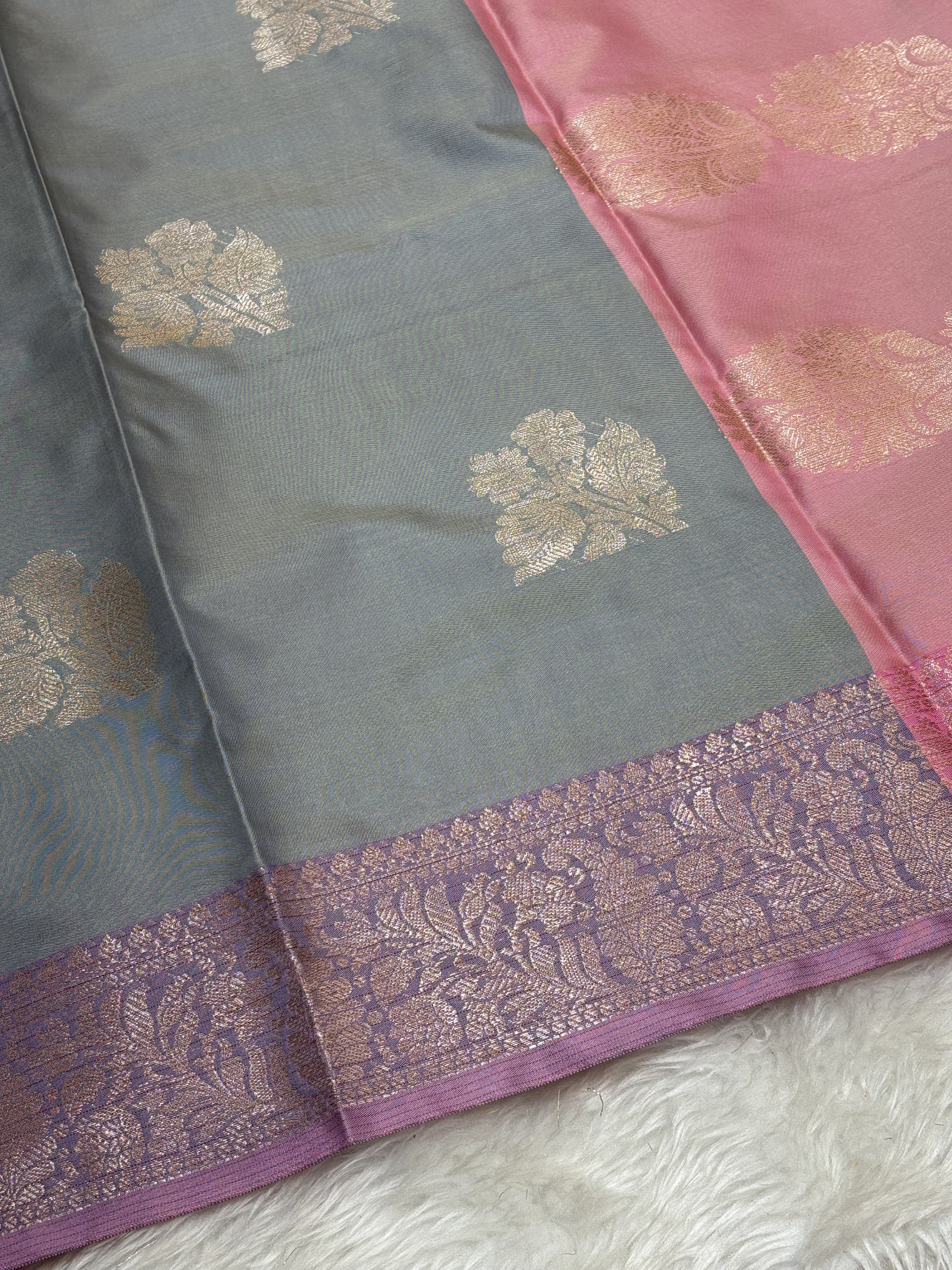 Smoky Ash Grey Soft Banarasi Katan Silk Buta Weaving Saree
