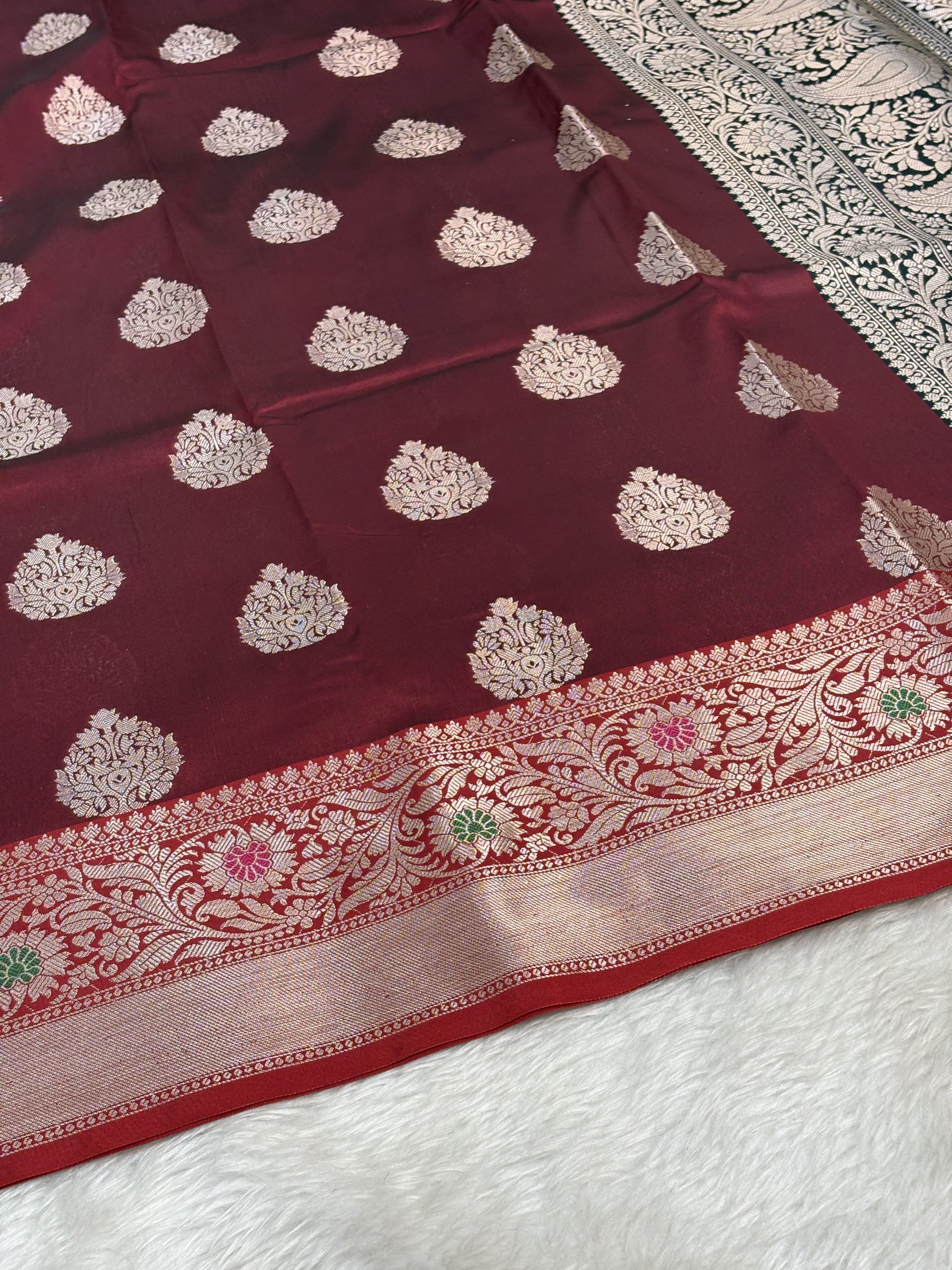 Deep Wine Red Banarasi Buta Katan Silk Saree with Minakari Borde
