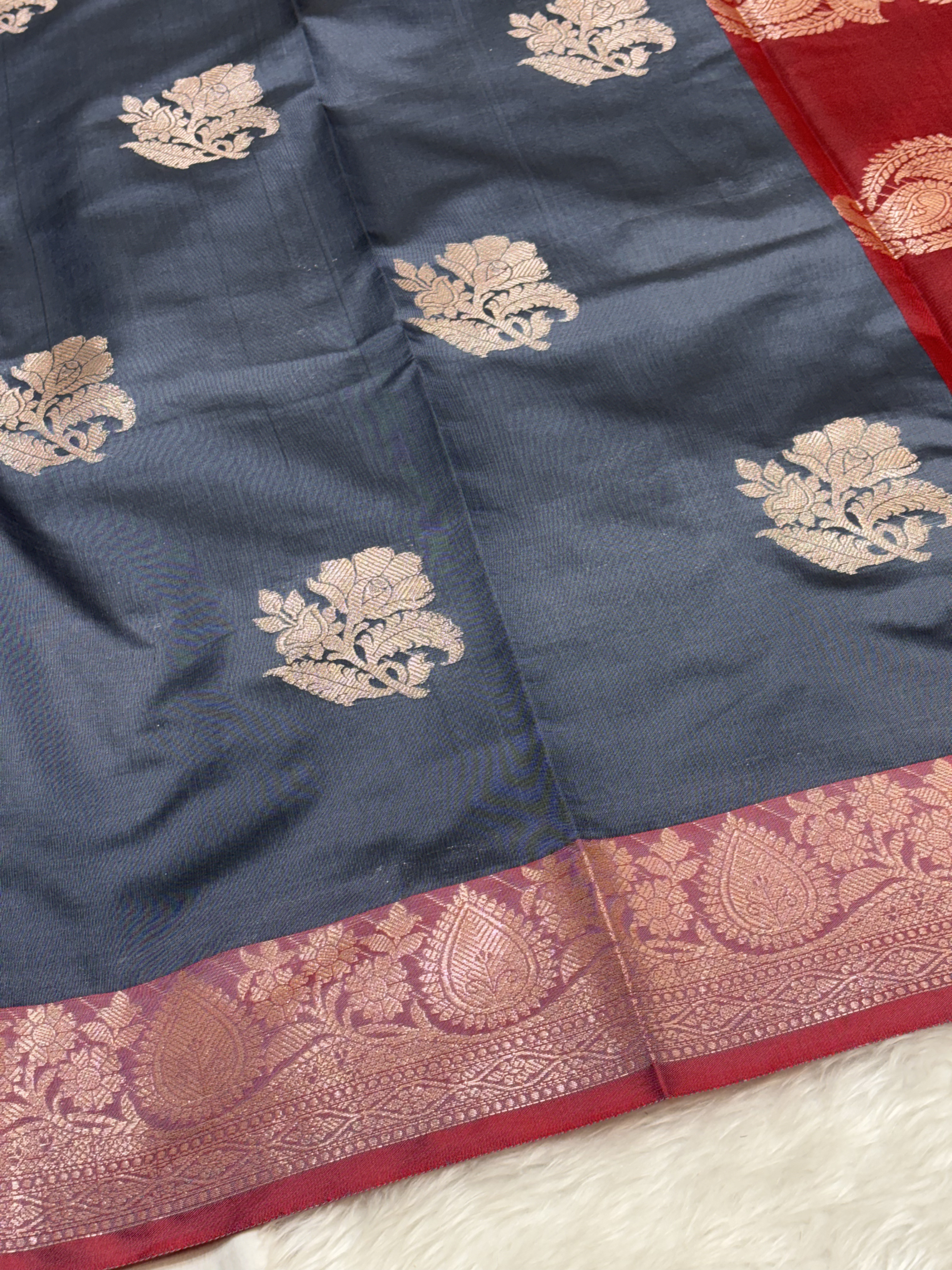 Smoky Slate Grey Soft Banarasi Katan Silk Buta Saree