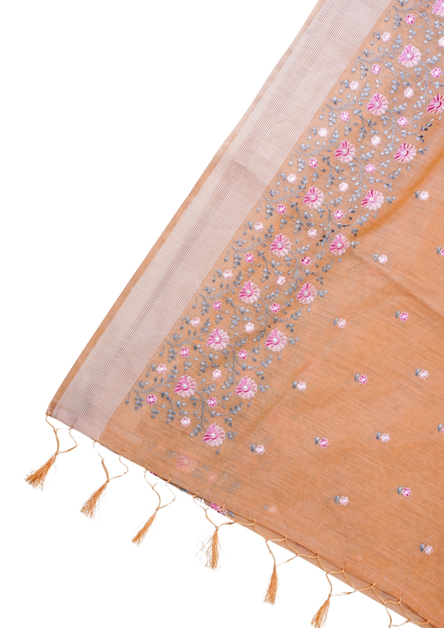 Peach Pure Linen Saree with Grey and Pink Chikankari Embroidery