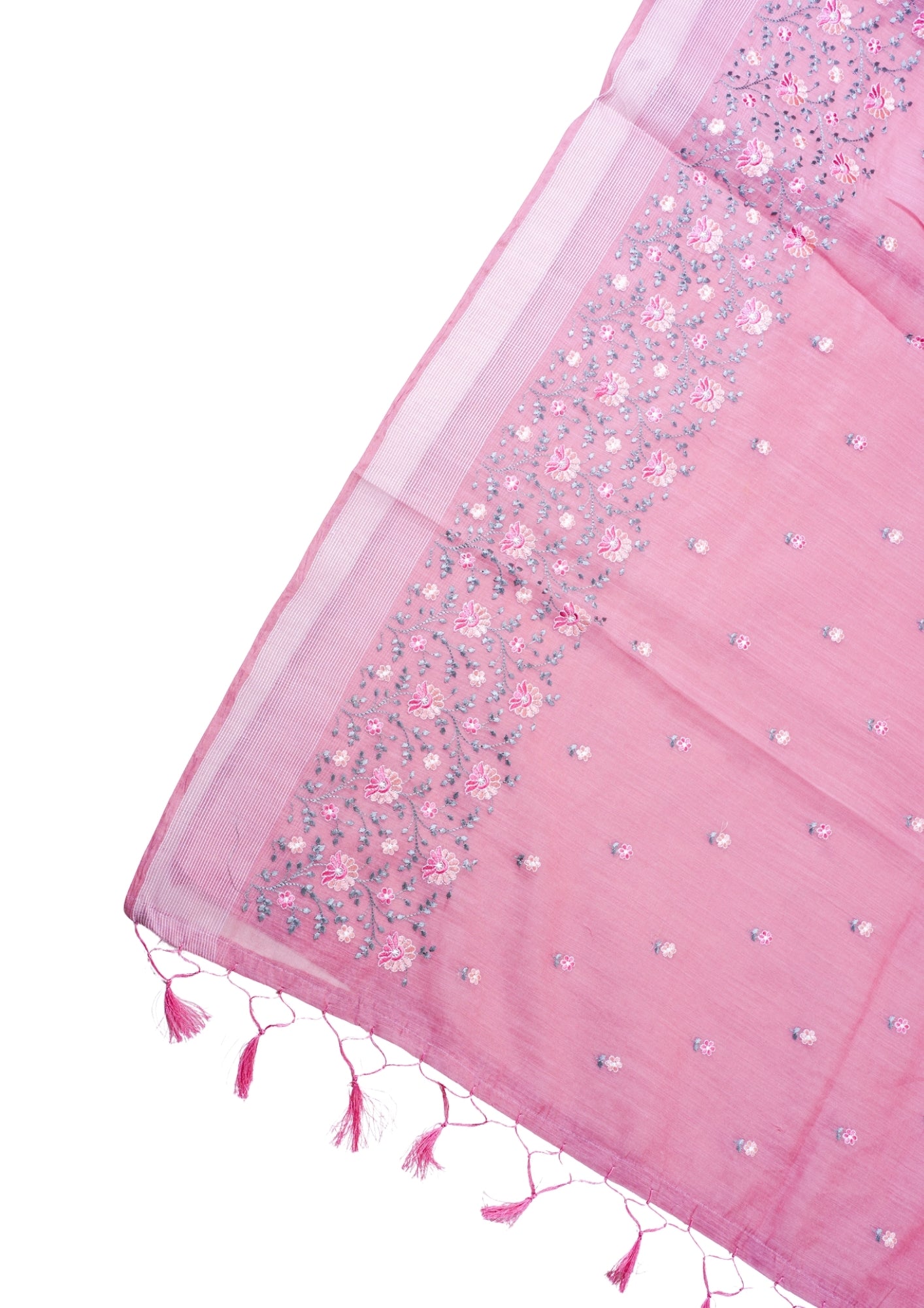 Baby Pink Pure Linen Saree with Grey and Pink Chikankari Embroidery