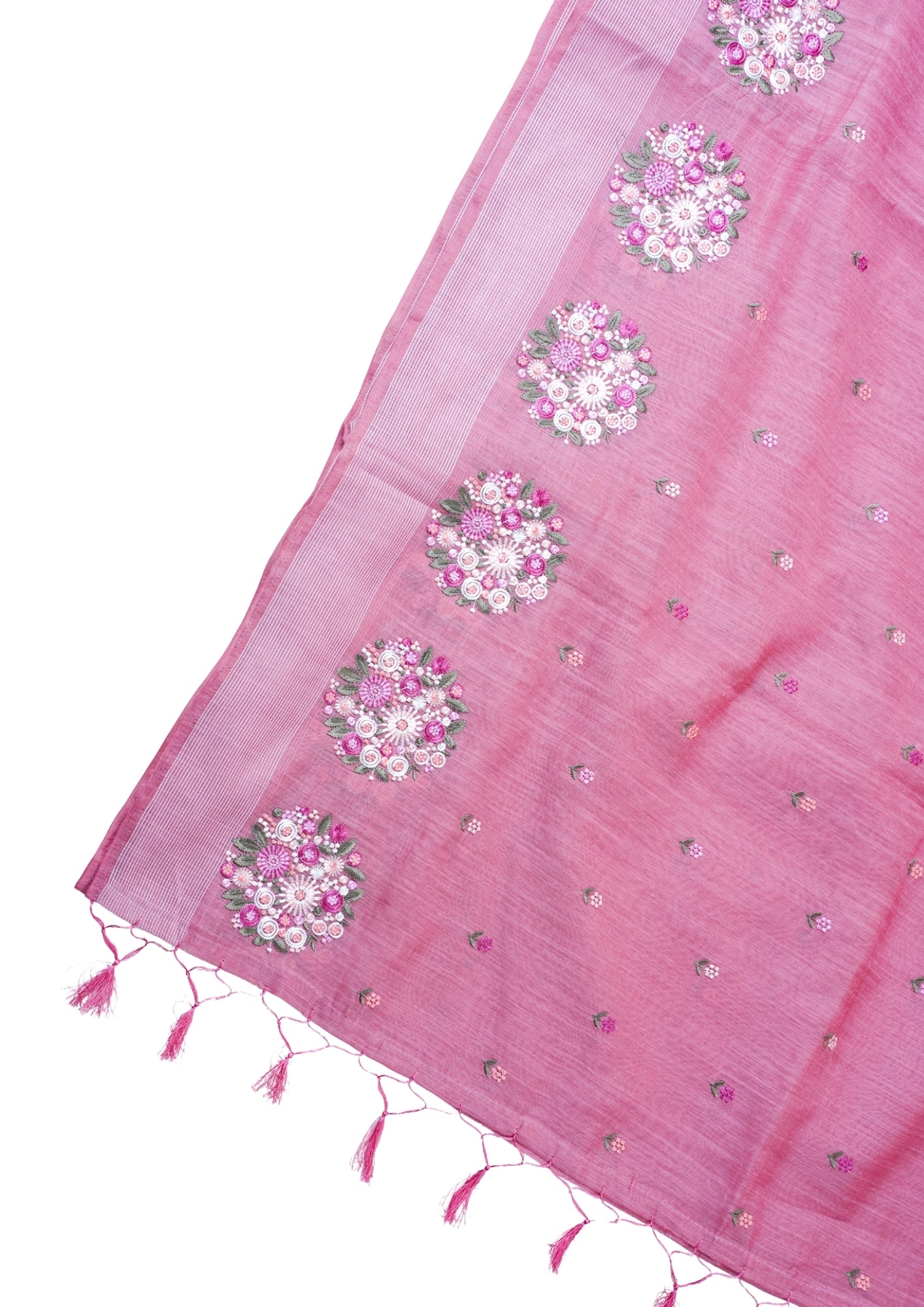 Rose Pink Pure Linen Saree with Multicolor Chikankari Embroidery