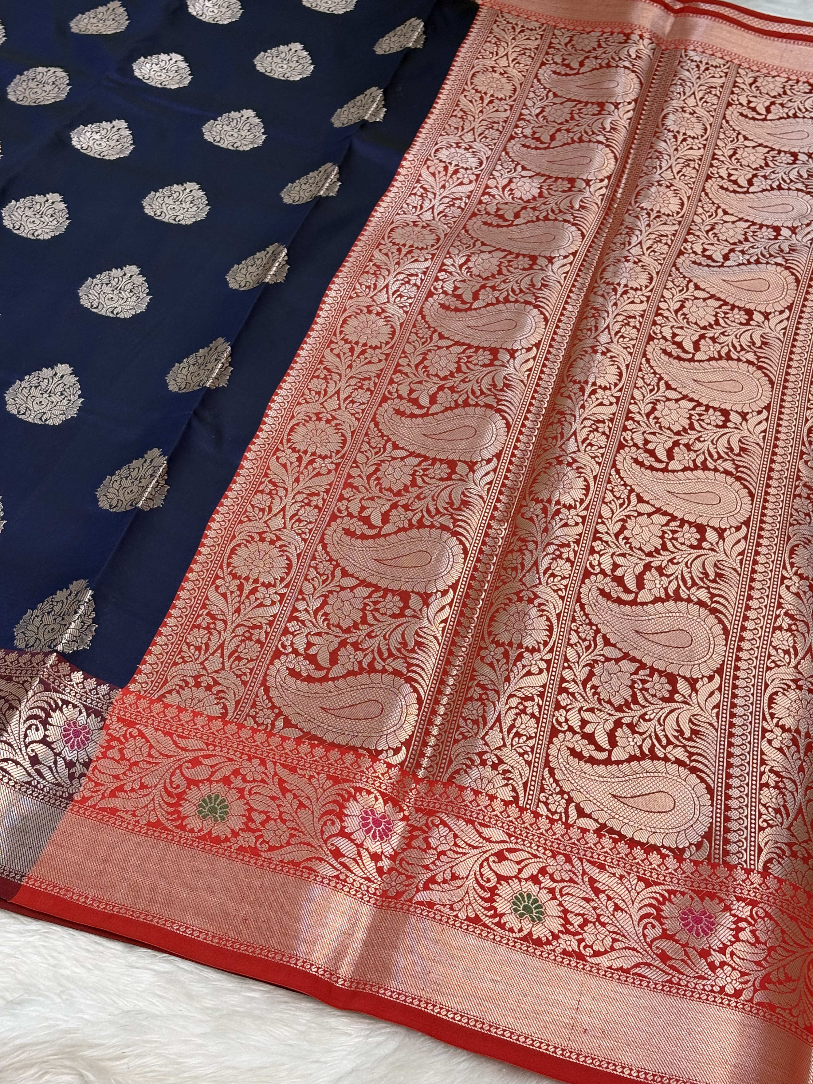 Royal Navy Blue Banarasi Buta Katan Silk Saree with Minakari Border