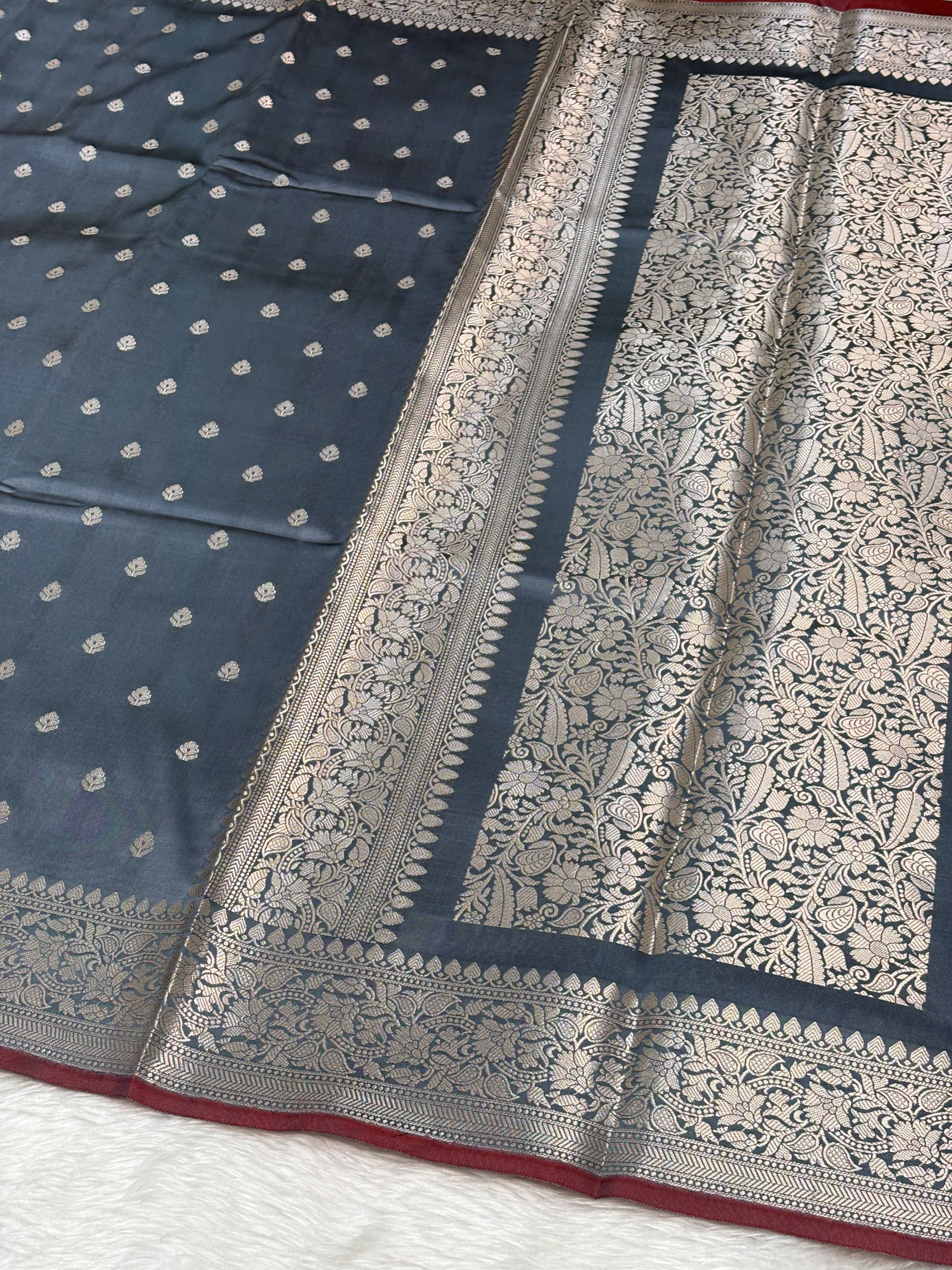 Smoky Slate Blue Katan Silk Banarasi Buti Saree