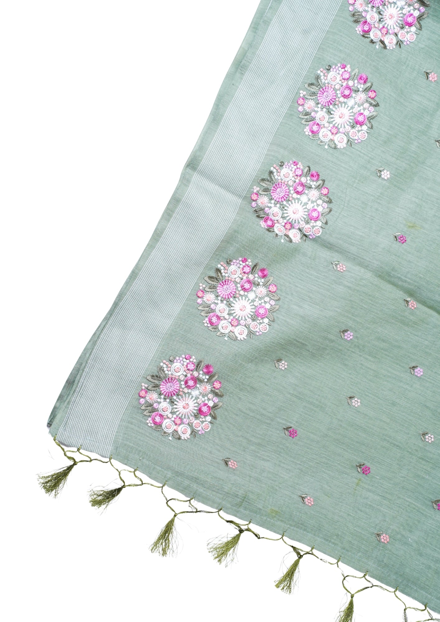 Sage Green Pure Linen Saree with Multicolor Floral Embroidery