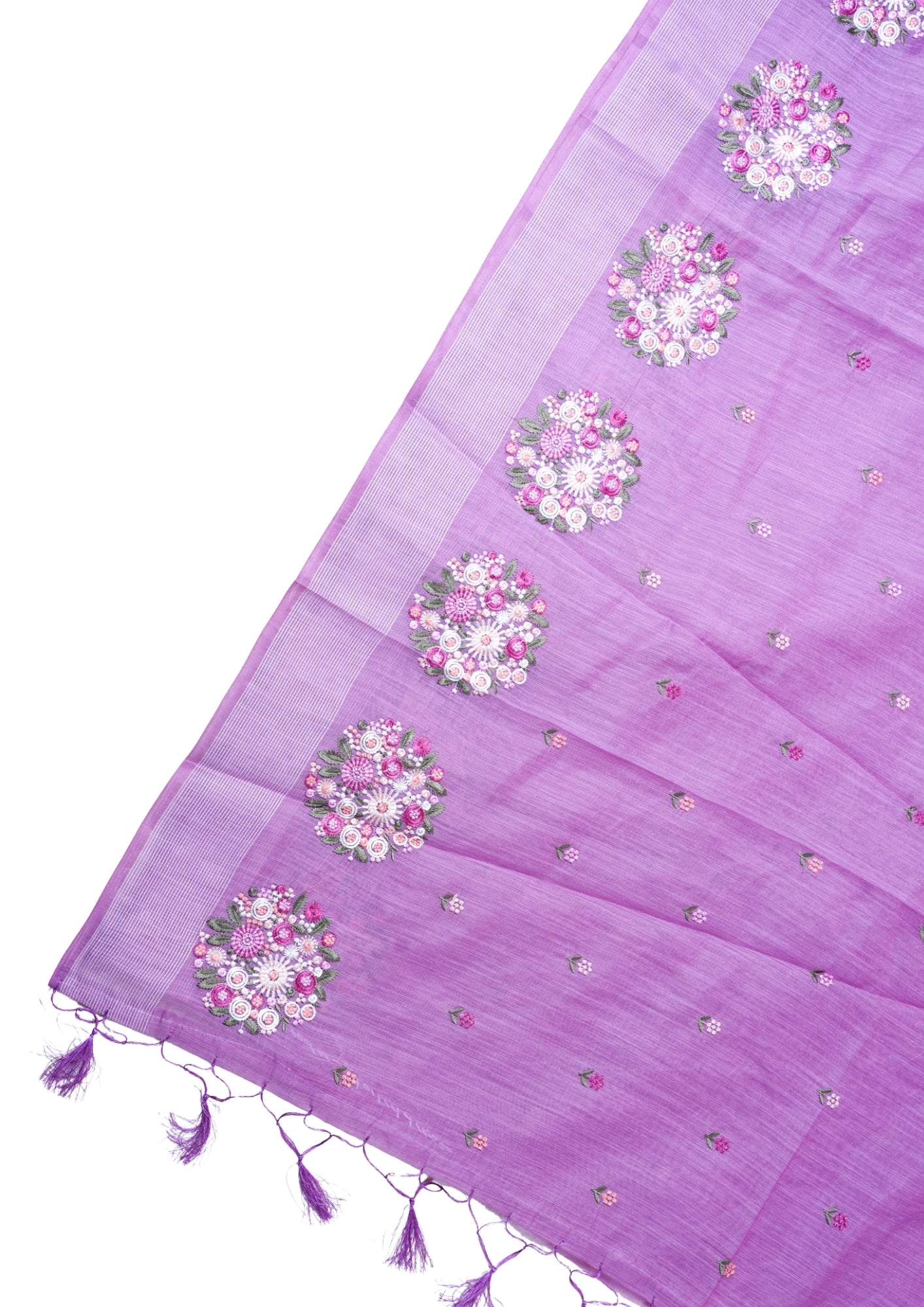 Lavender Linen Saree with Multicolor Floral Chikankari Embroidery