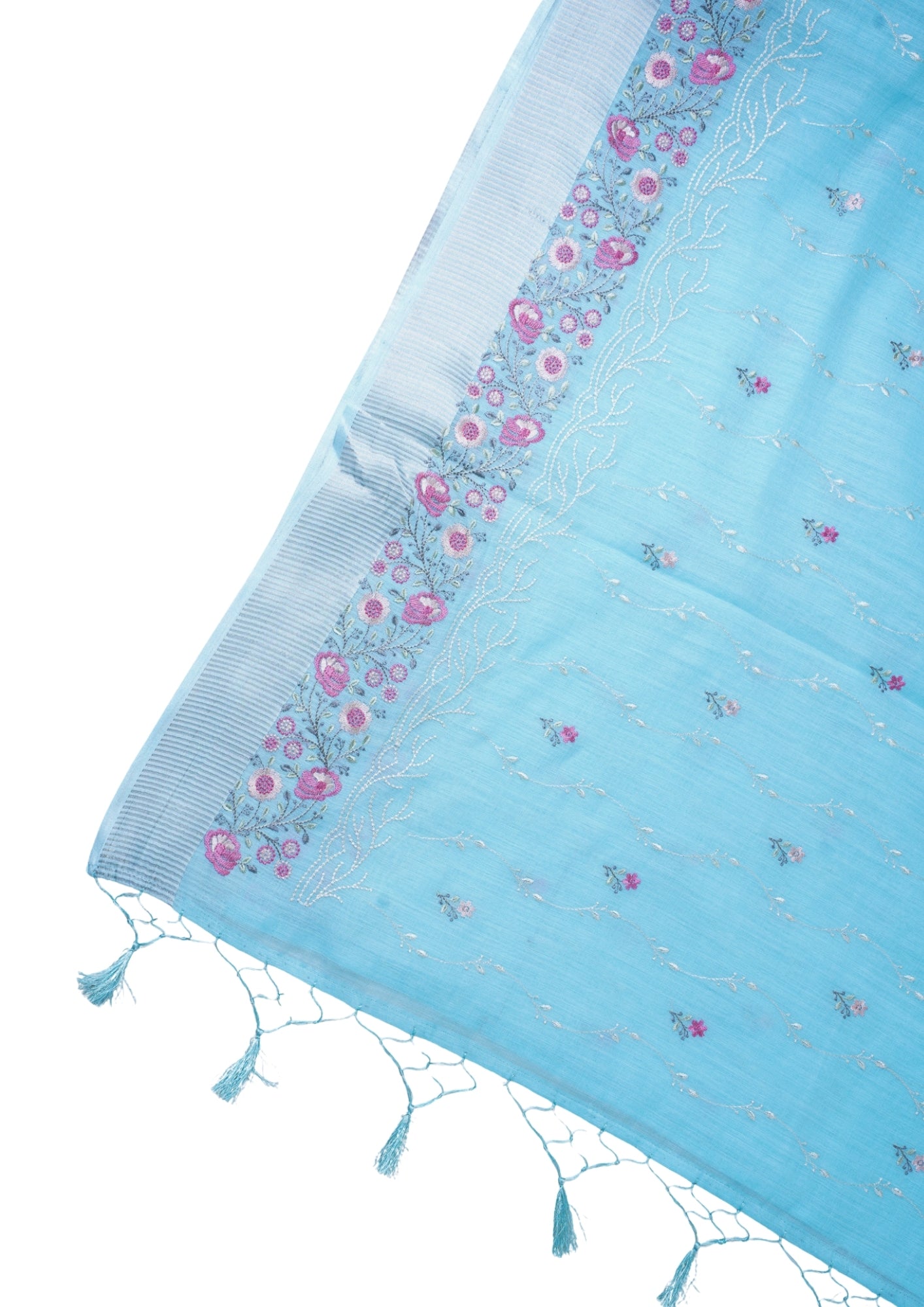 Sky Blue Cotton Saree with Multicolor Minakari Embroidery