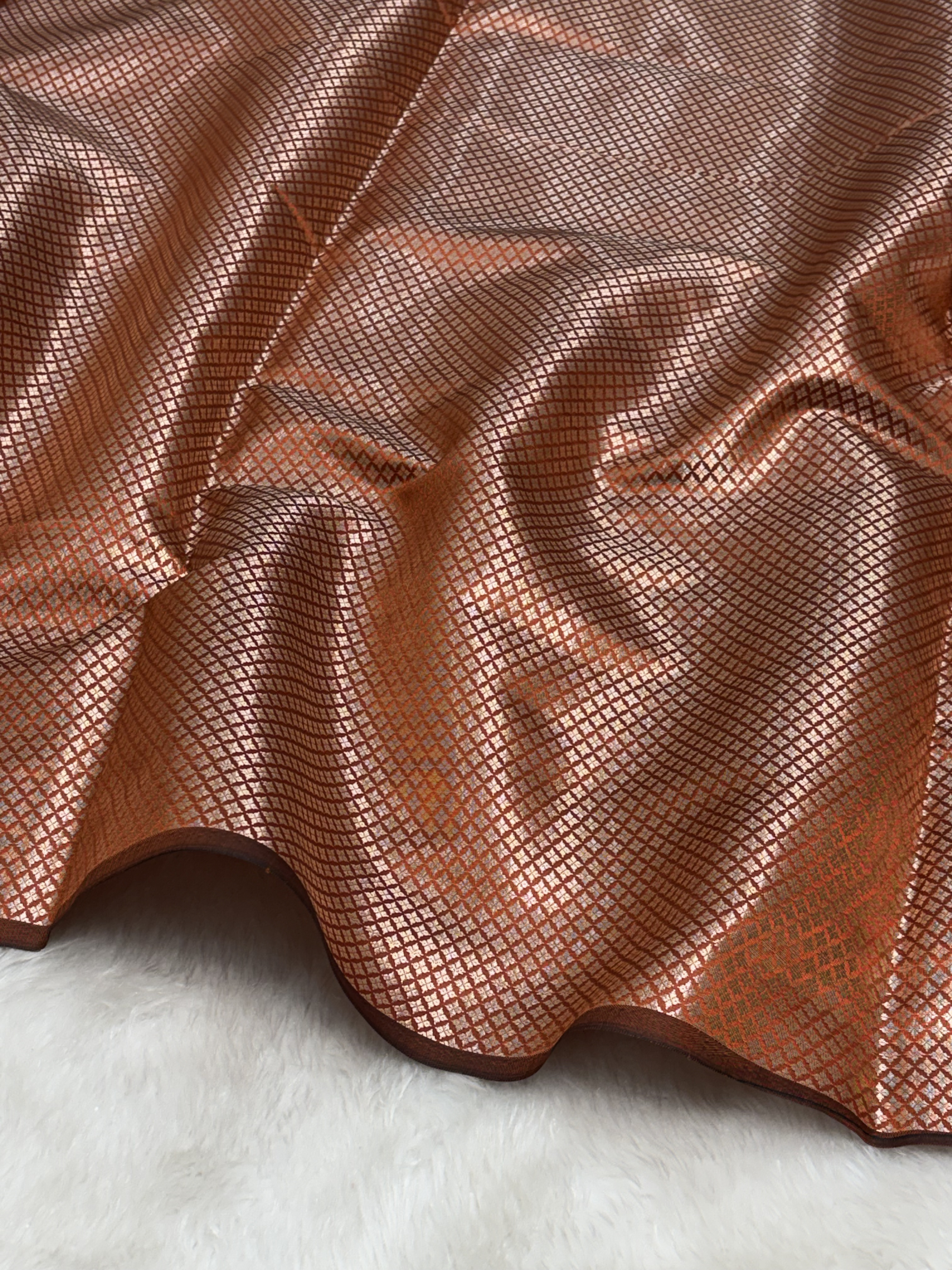 Burnt Tangerine Orange Scallops Border Banarasi Katan Buti Saree