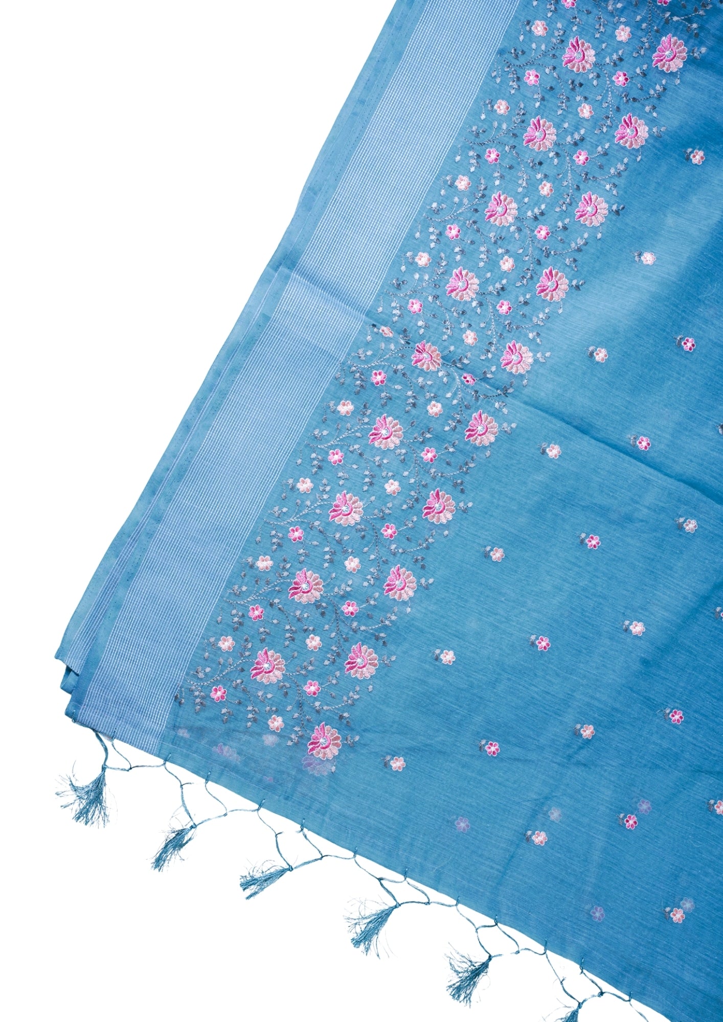 Sky Blue Linen Saree with Multicolor Chikankari Embroidery
