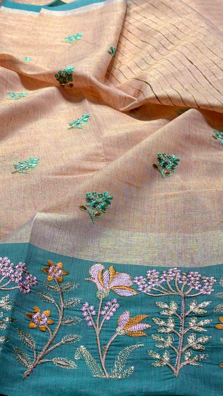 Peach Linen Saree with Floral Embroidery & Aqua Green Border