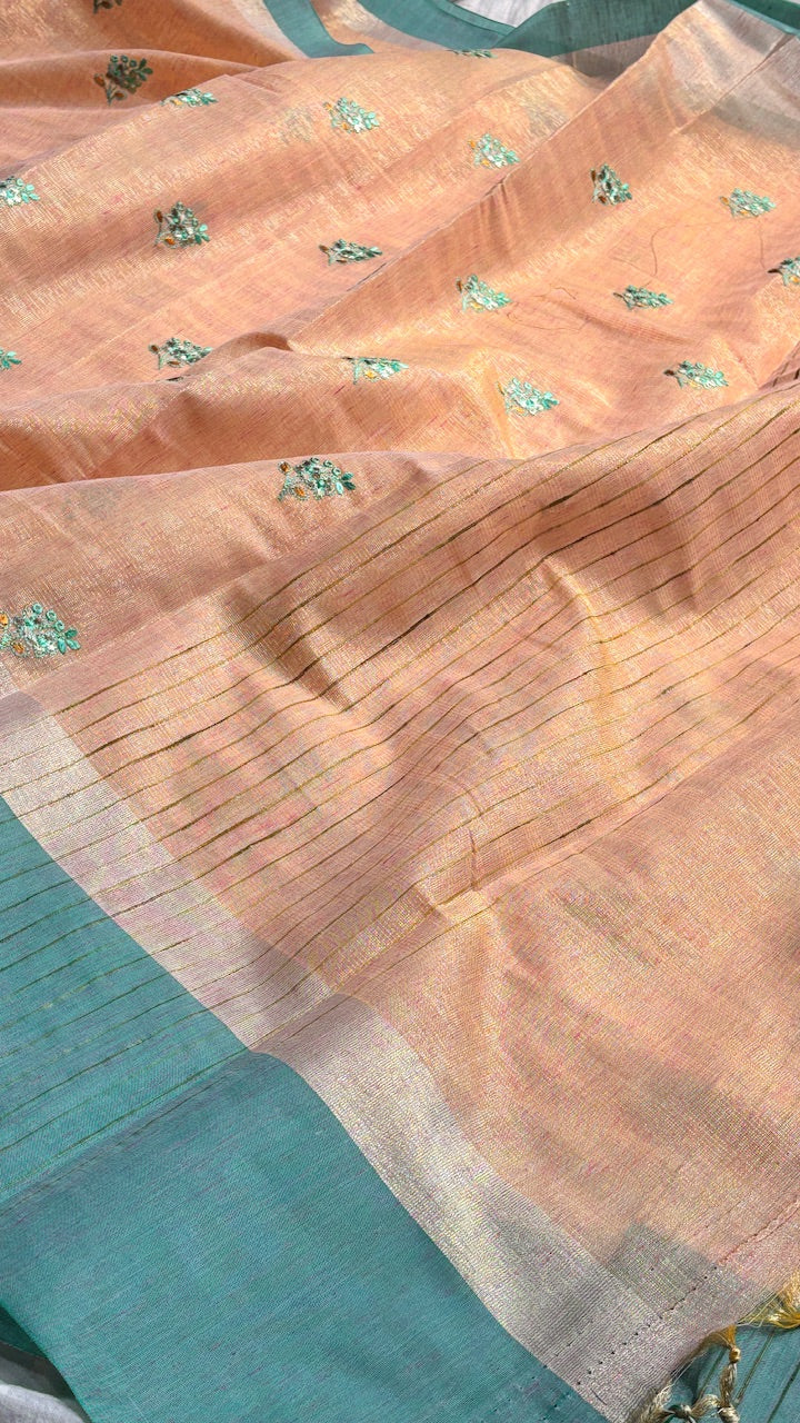 Peach Linen Saree with Floral Embroidery & Aqua Green Border