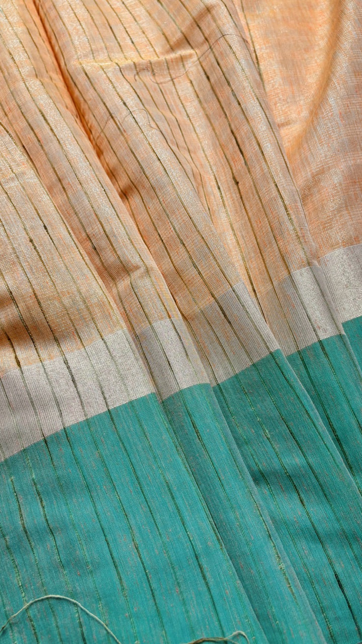 Peach Linen Saree with Floral Embroidery & Aqua Green Border