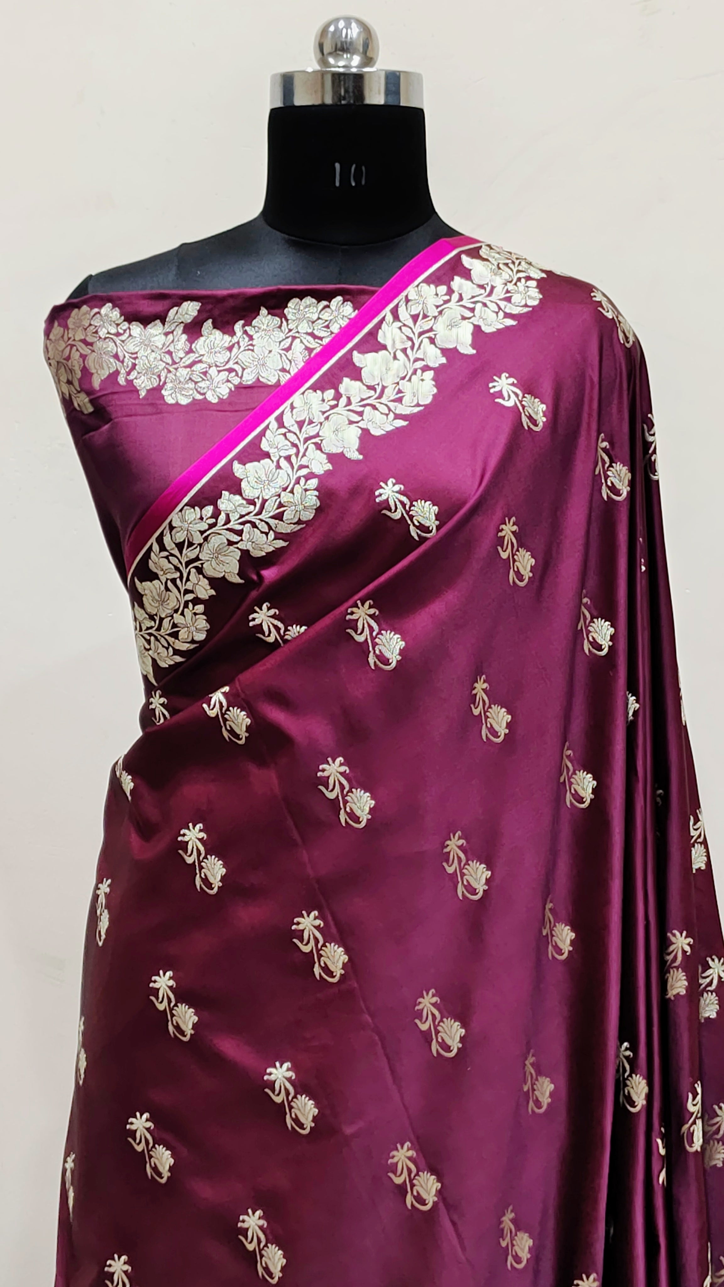 Wine Banarasi Mashru Katan Silk Saree