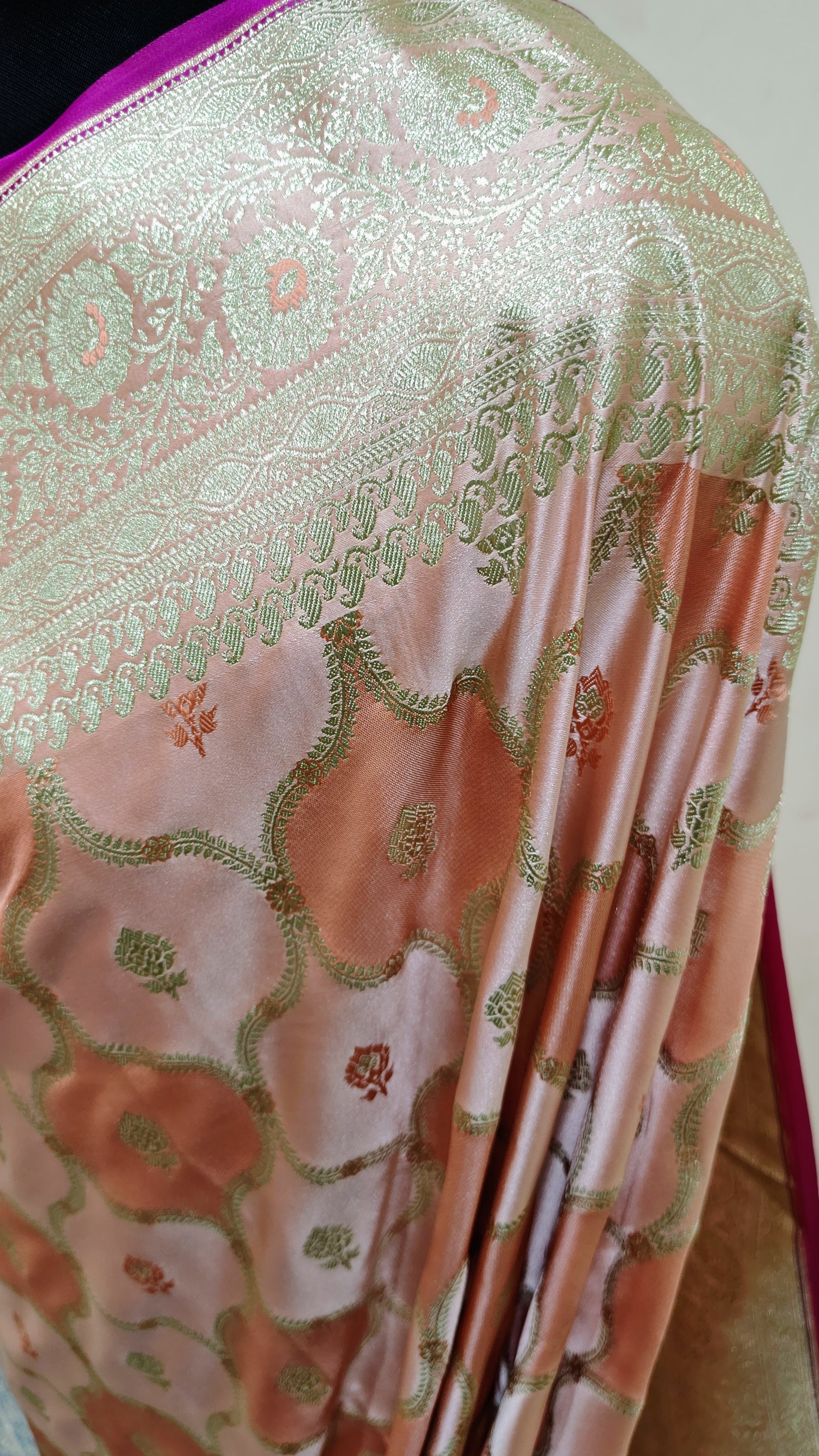 "Peach Pink Banarasi Mashru Katan Silk Saree