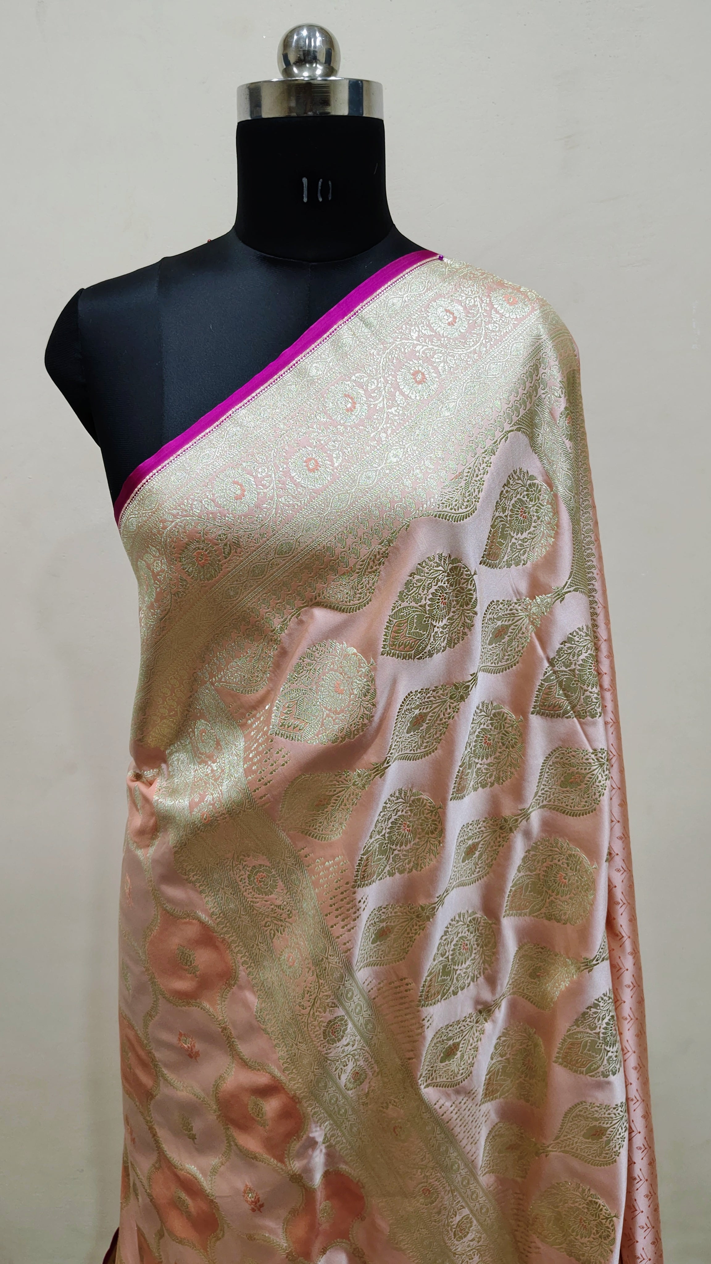"Peach Pink Banarasi Mashru Katan Silk Saree