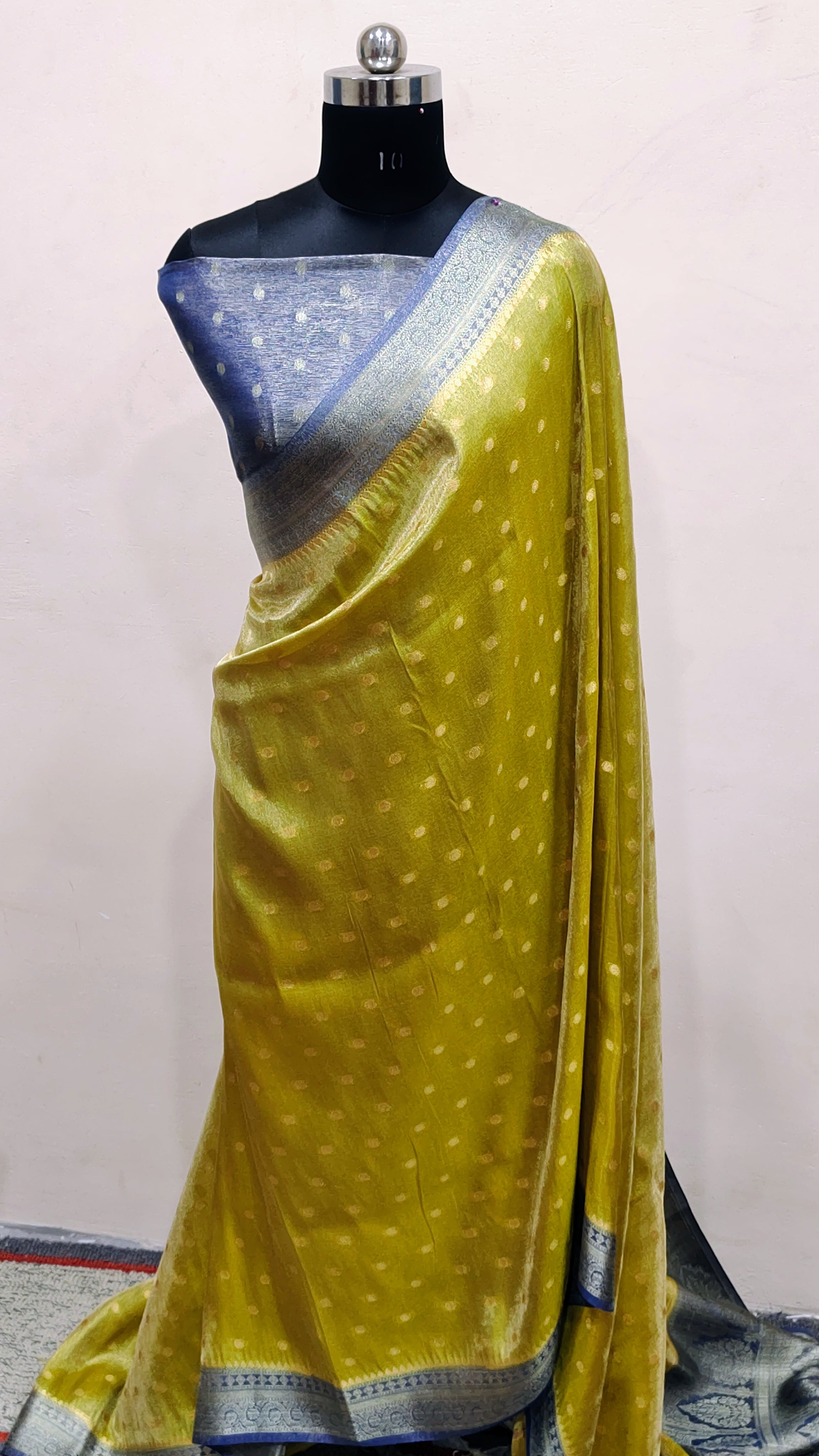 Olive Green with Royal Blue Pallu Banarasi Tissue Silk Saree