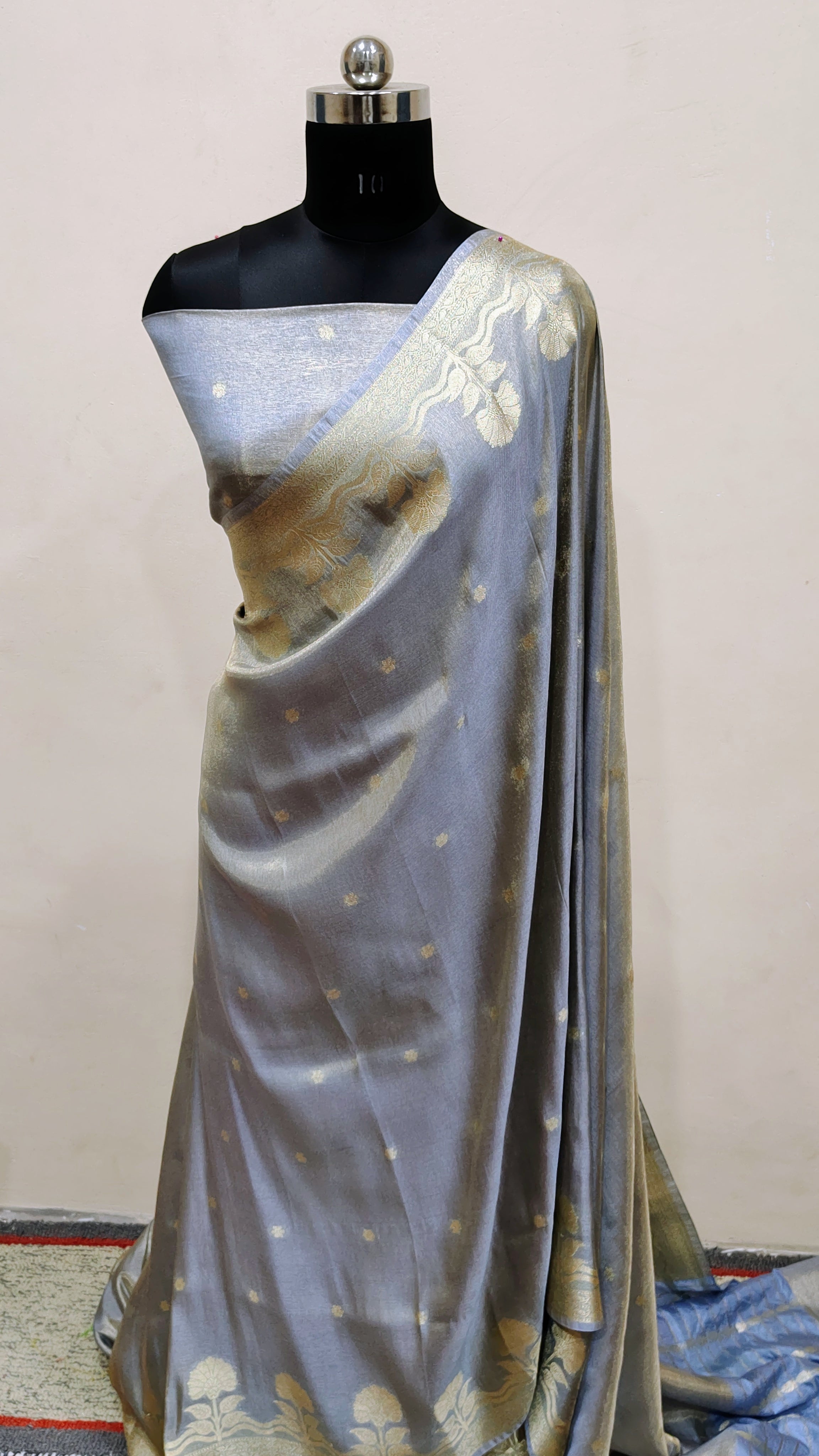 Steel Grey with Soft Gold Zari Work Banarasi Tissue Silk Saree