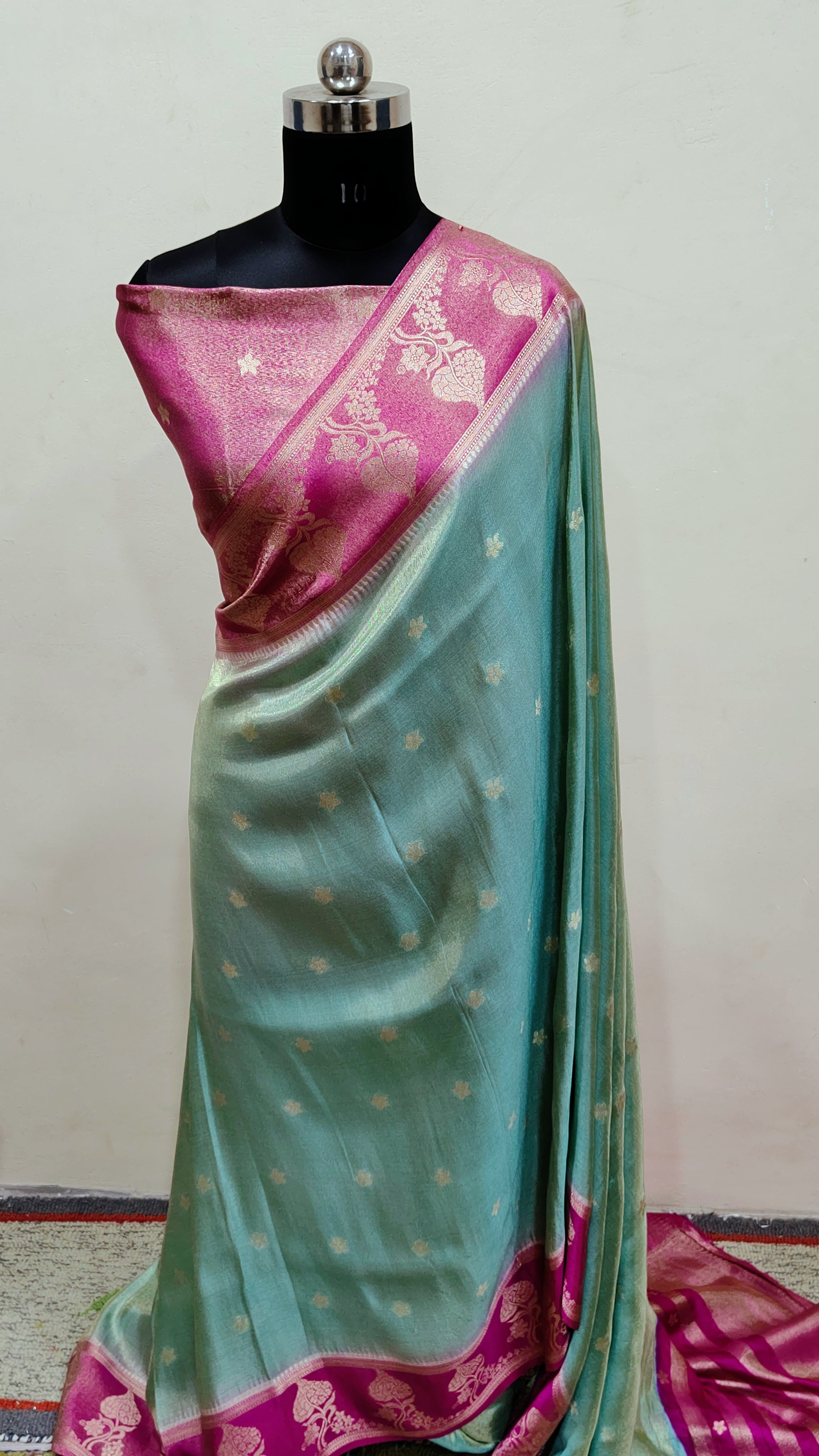 Pink & Sea Green Dual Tone with Gold Zari Banarasi Tissue Silk Saree