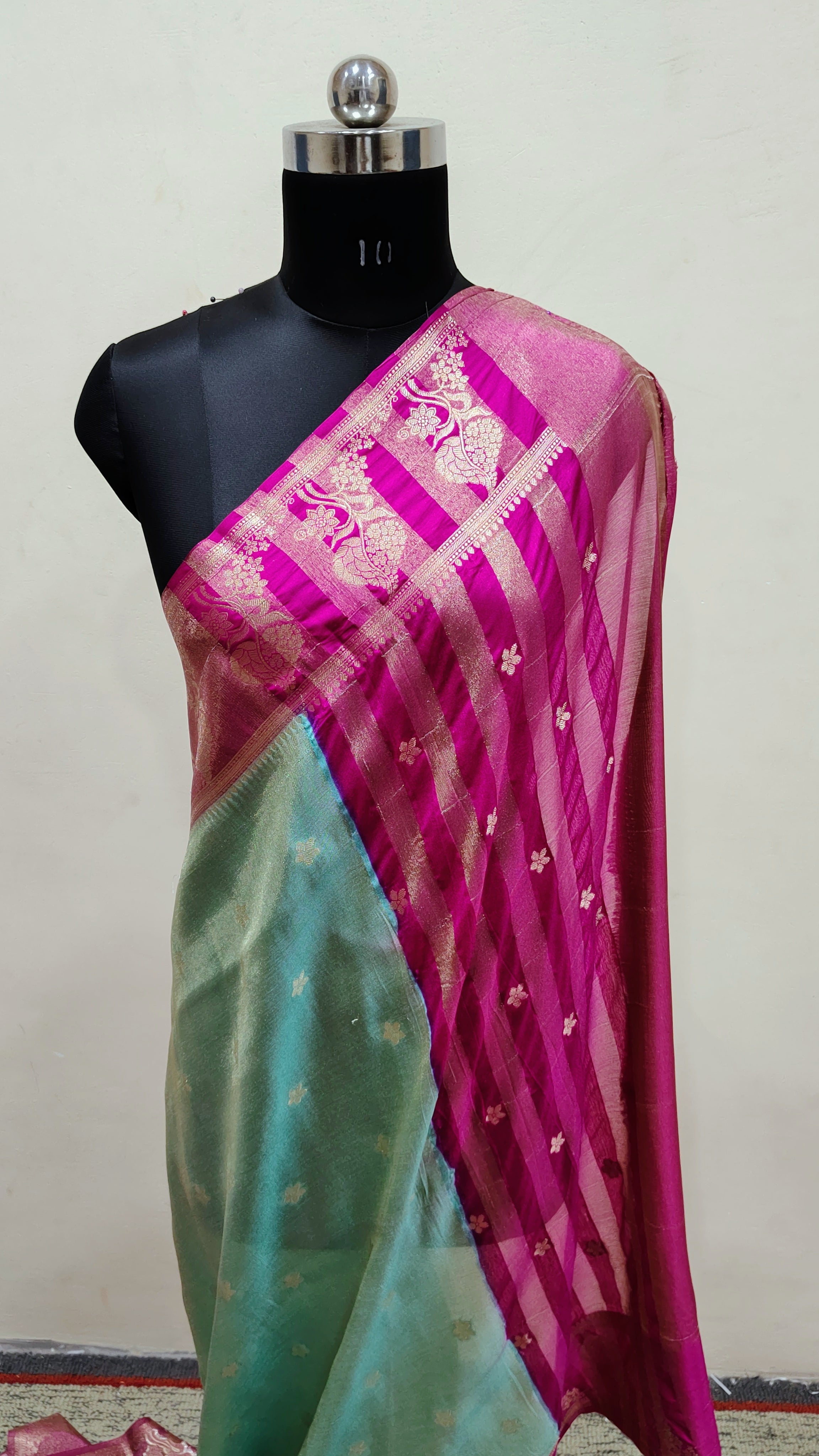 Pink & Sea Green Dual Tone with Gold Zari Banarasi Tissue Silk Saree