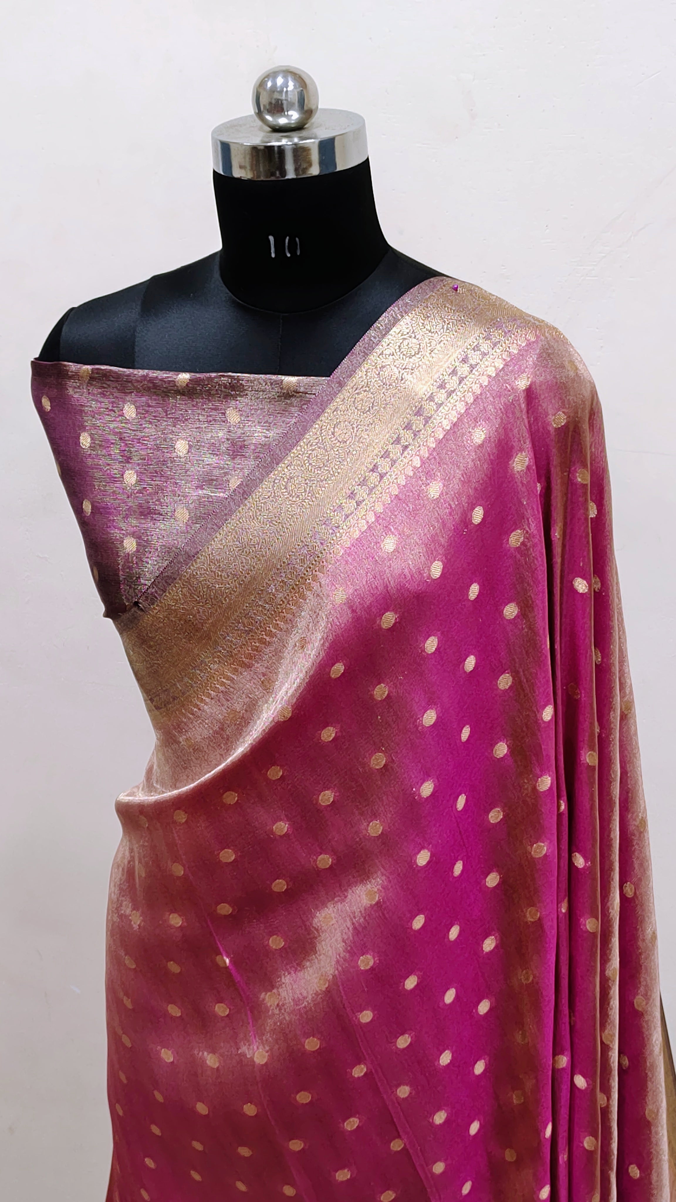 Magenta Pink with Gold Zari Polka Banarasi Tissue Silk Saree