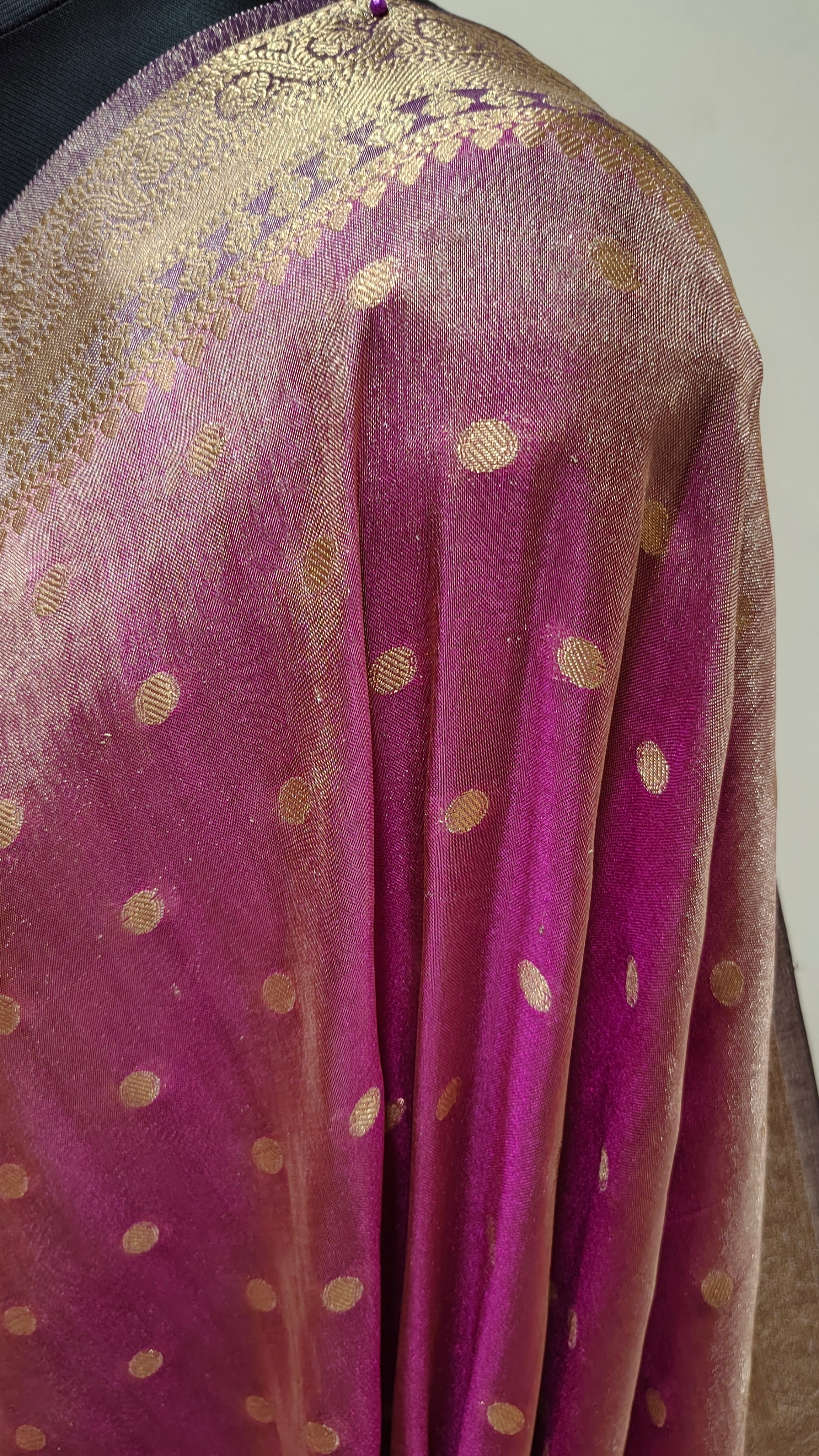 Magenta Pink with Gold Zari Polka Banarasi Tissue Silk Saree