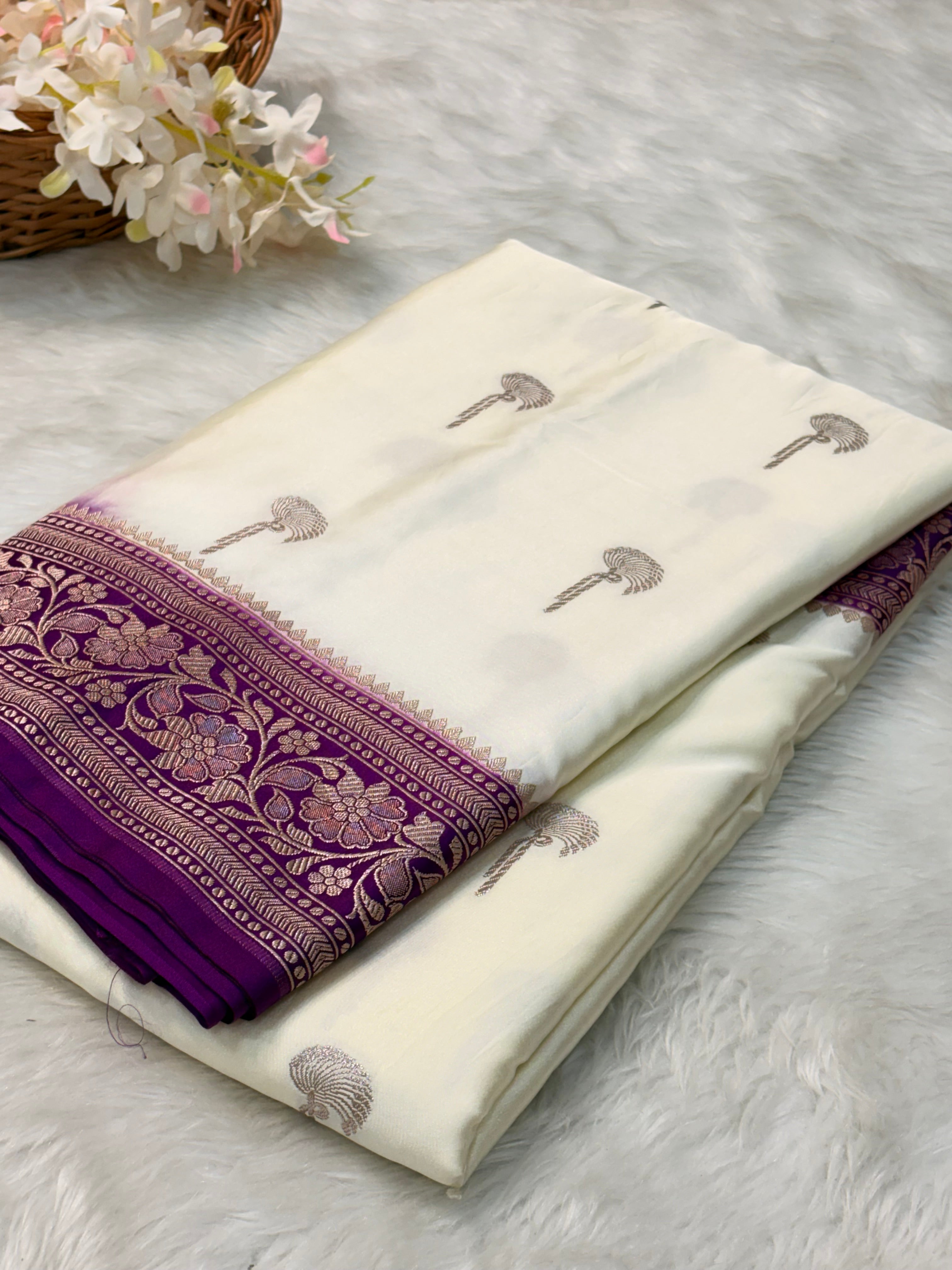 White Pure Banarasi Mashru Katan Silk Saree