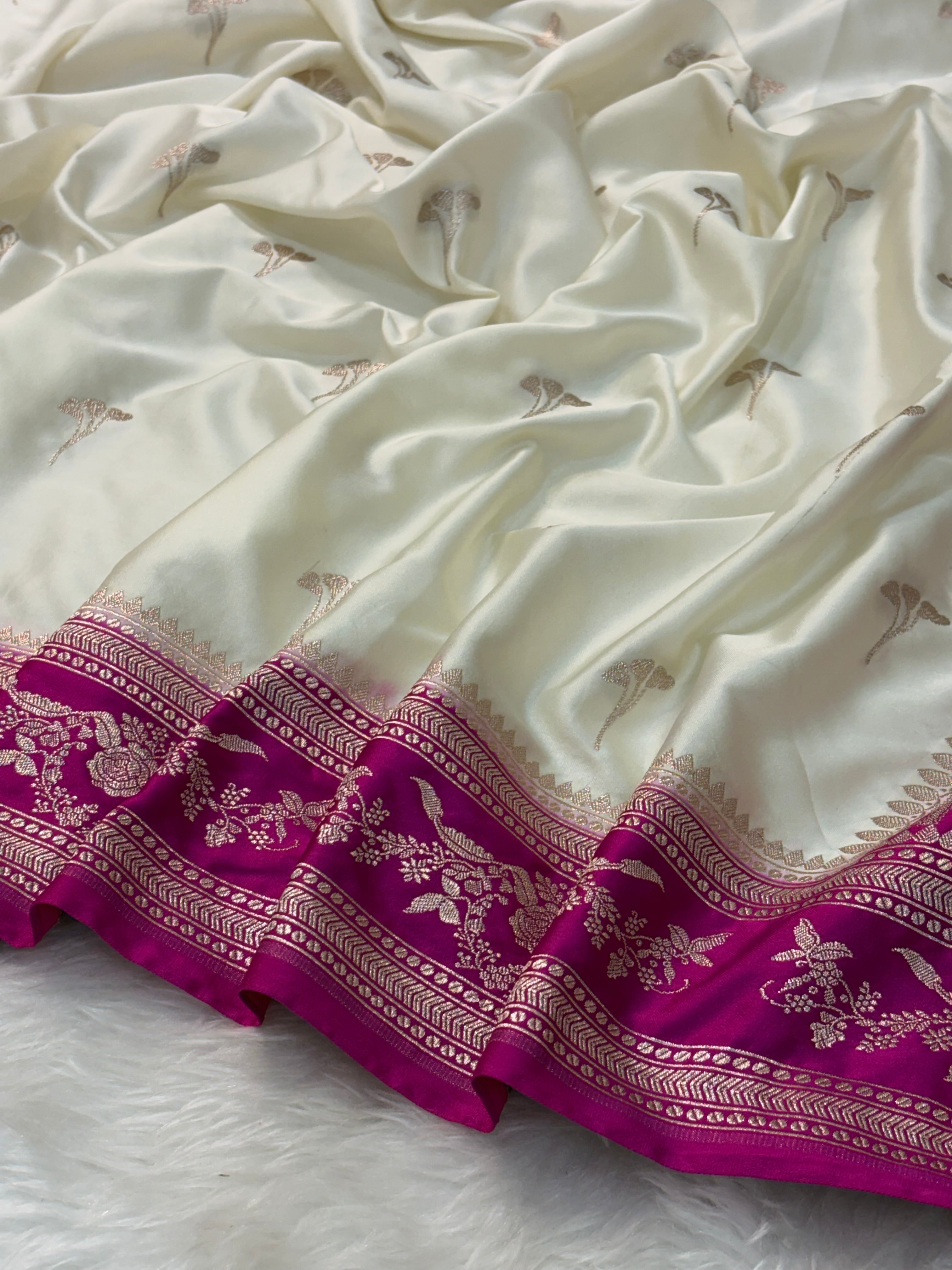 White Pure Banarasi Mashru Katan Silk Saree
