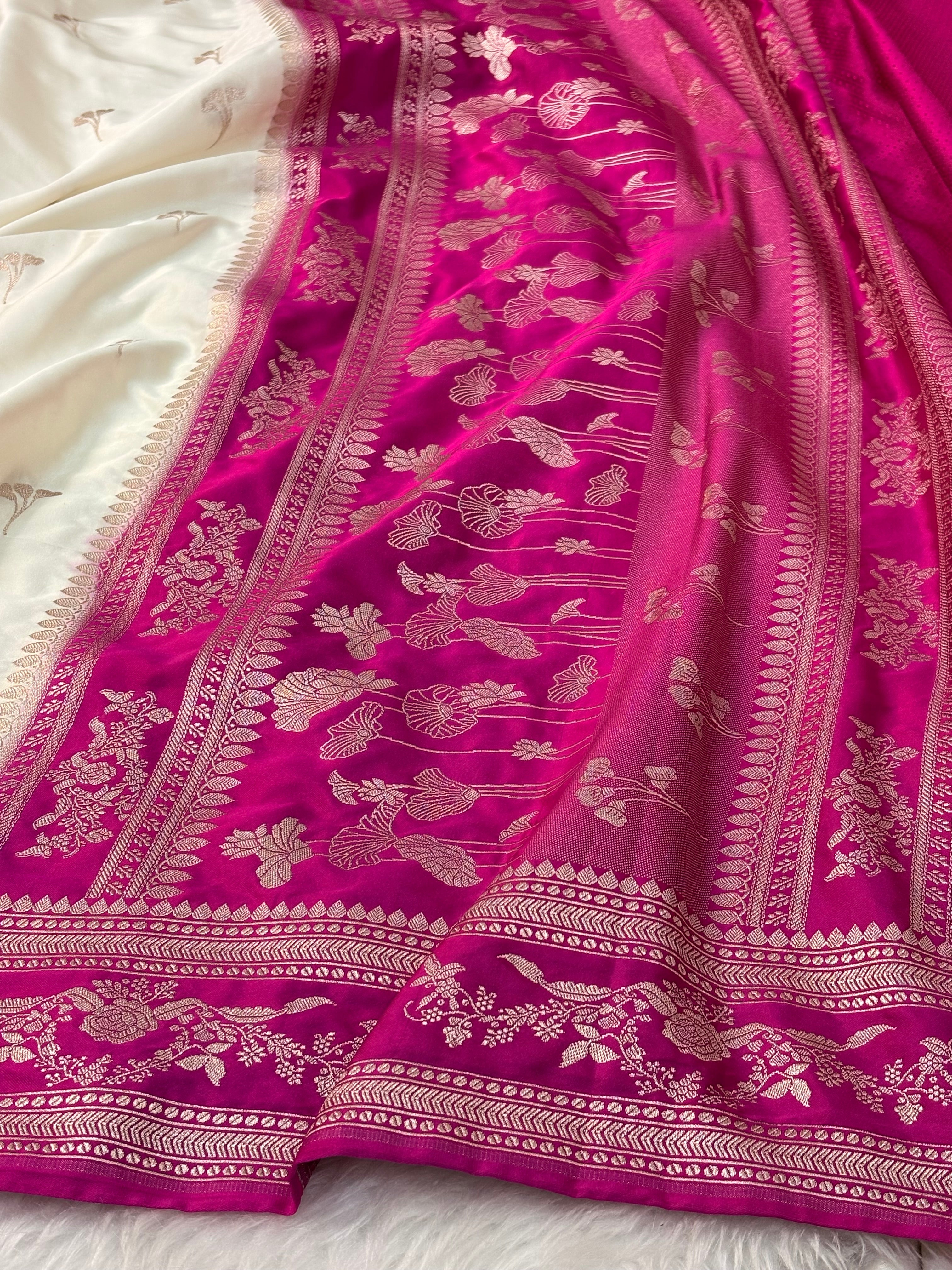 White Pure Banarasi Mashru Katan Silk Saree