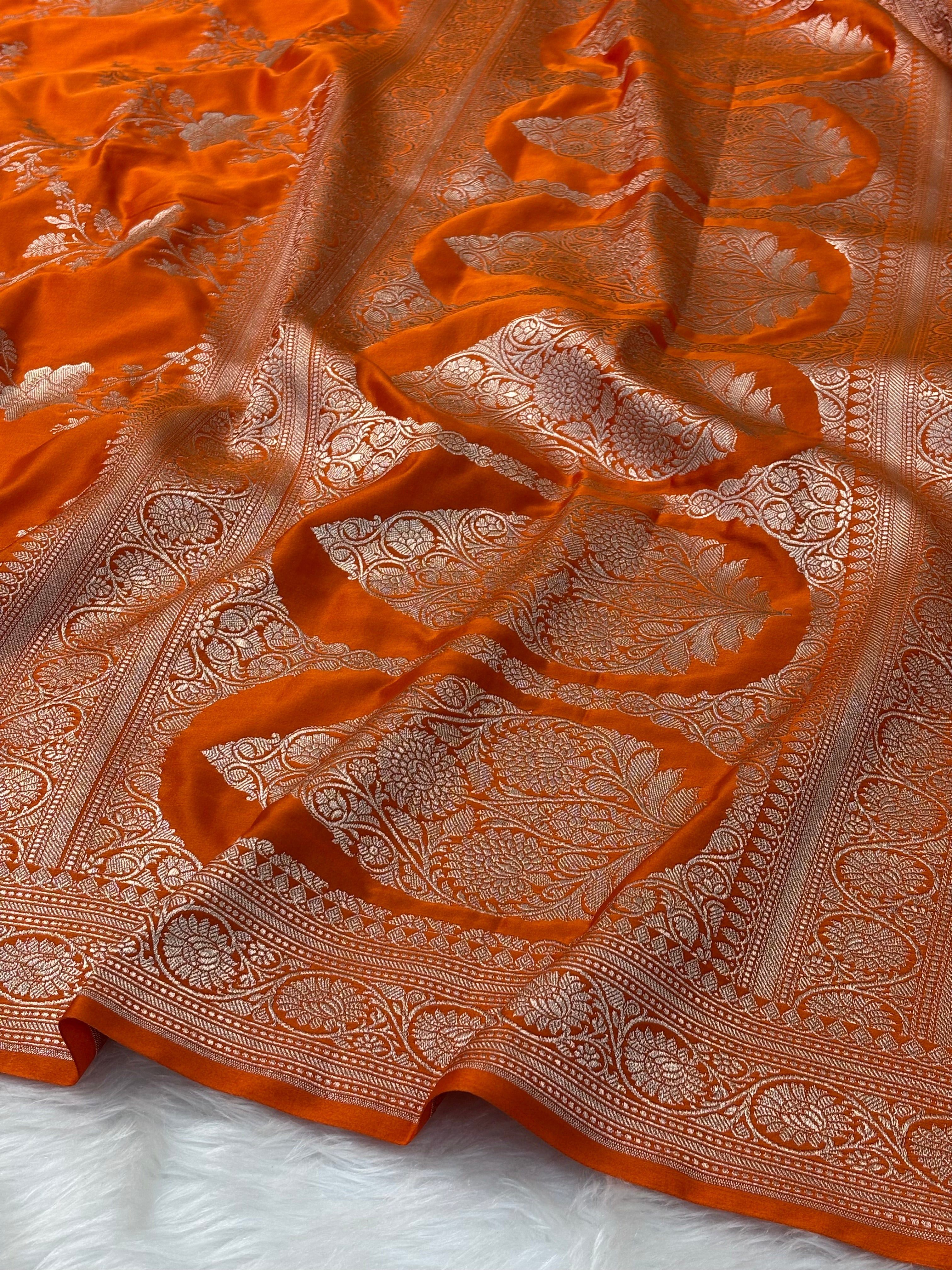 Orange Pure Banarasi Mashru Silk Saree