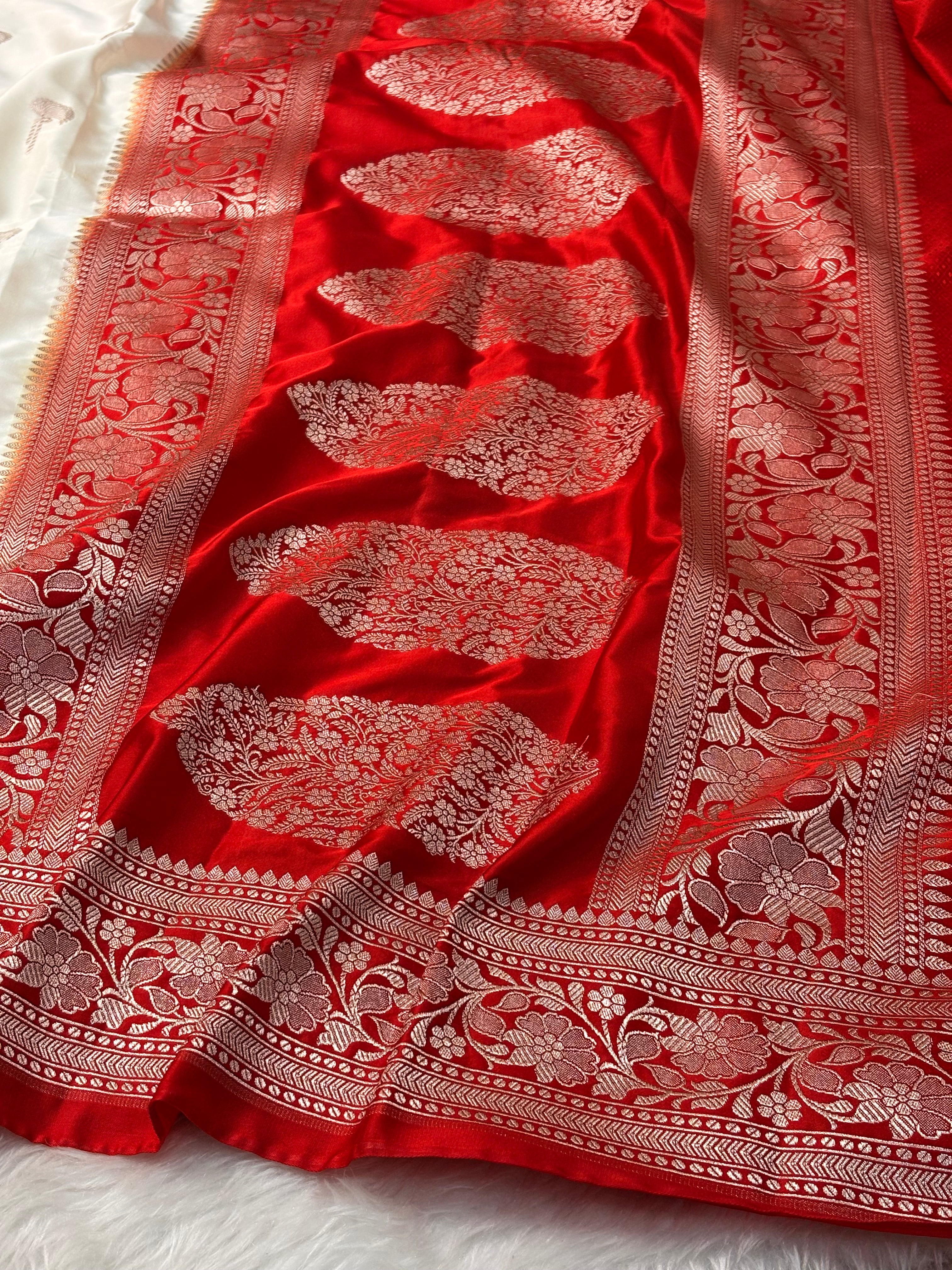 White Pure Banarasi Mashru Katan Silk Saree