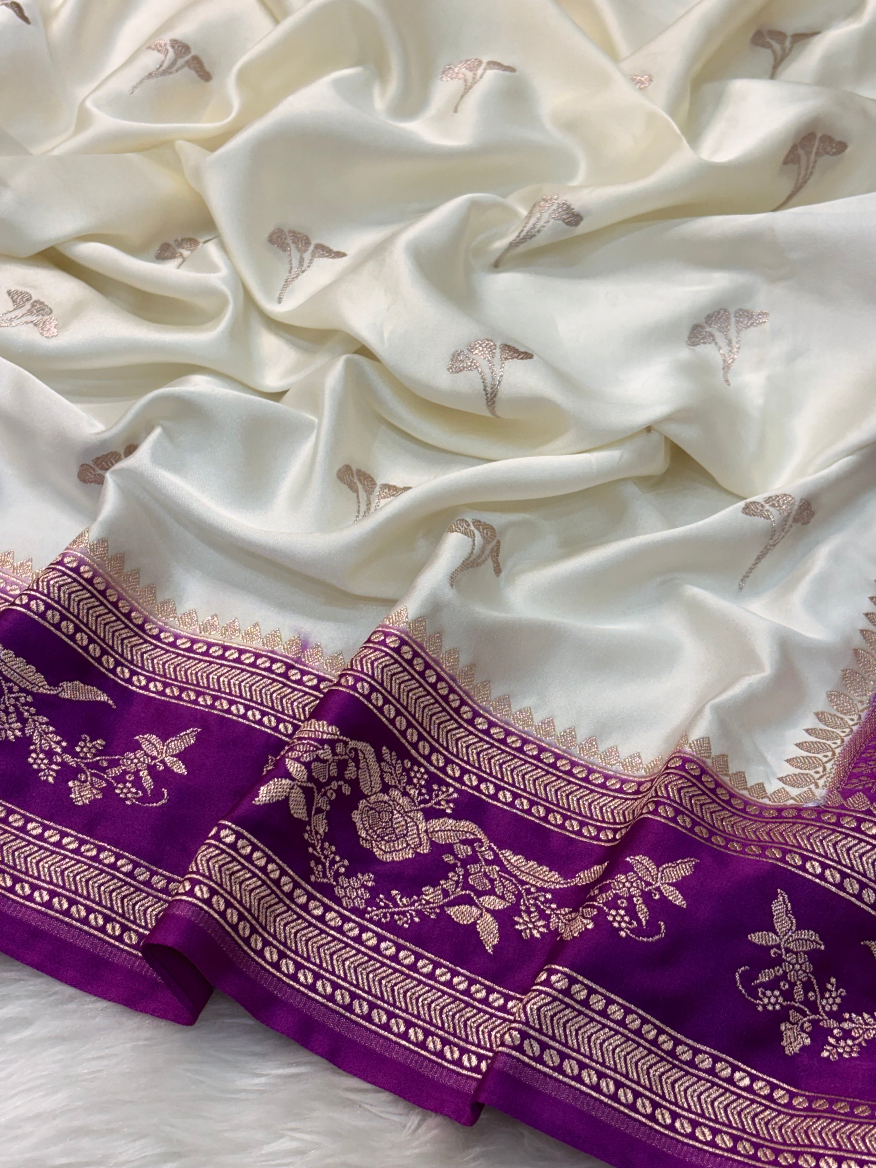 White Pure Banarasi Mashru Katan Silk Saree