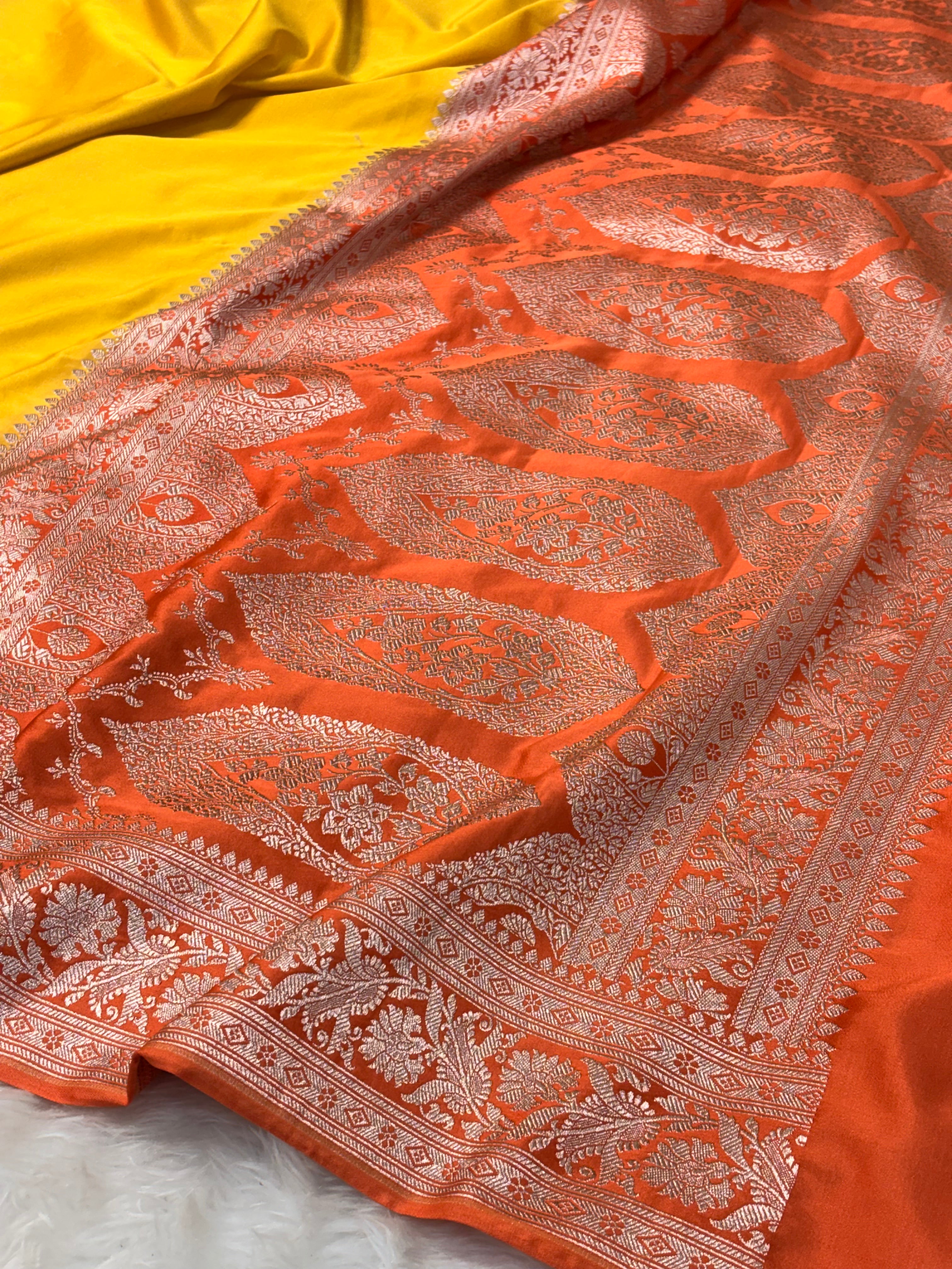 Yellow Pure Banarasi Mashru Katan Silk Saree