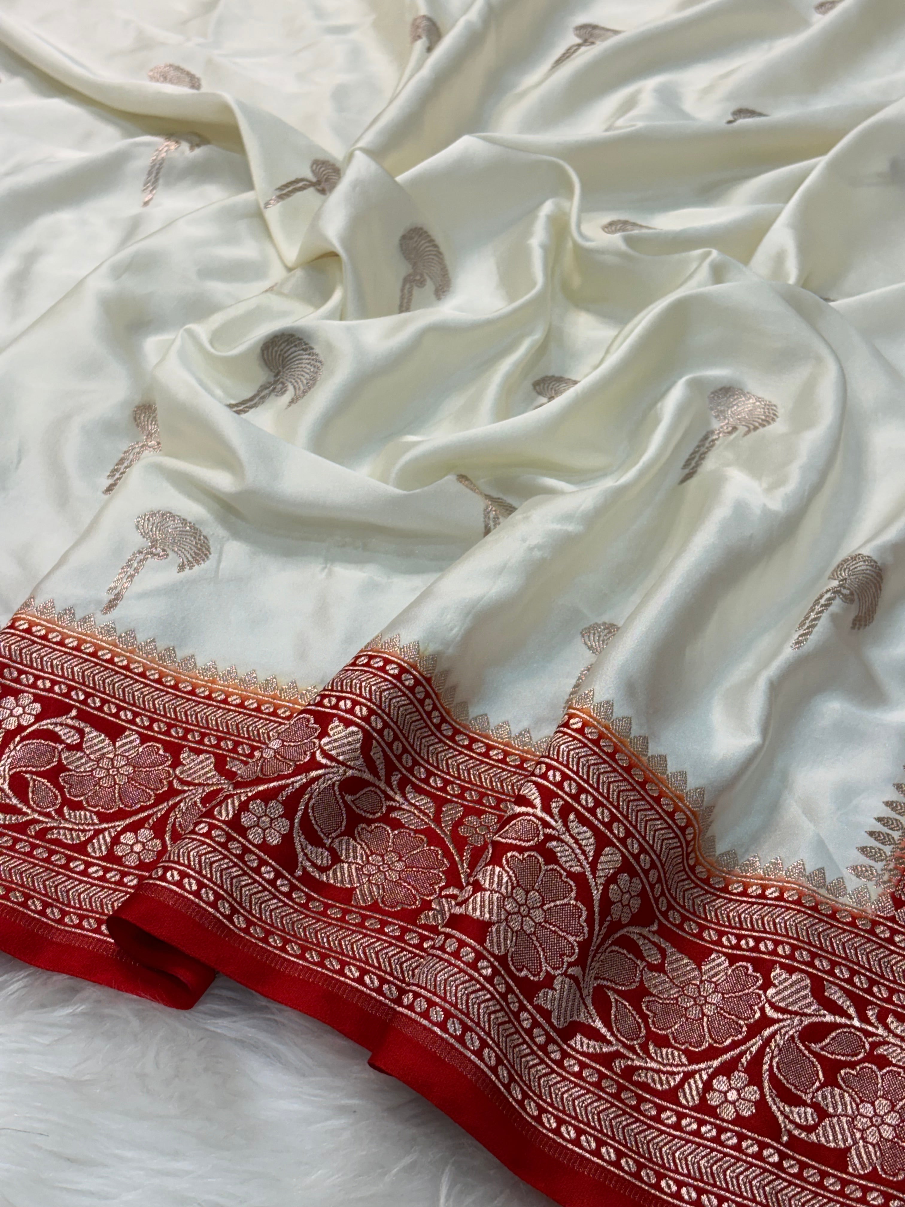 White Pure Banarasi Mashru Katan Silk Saree