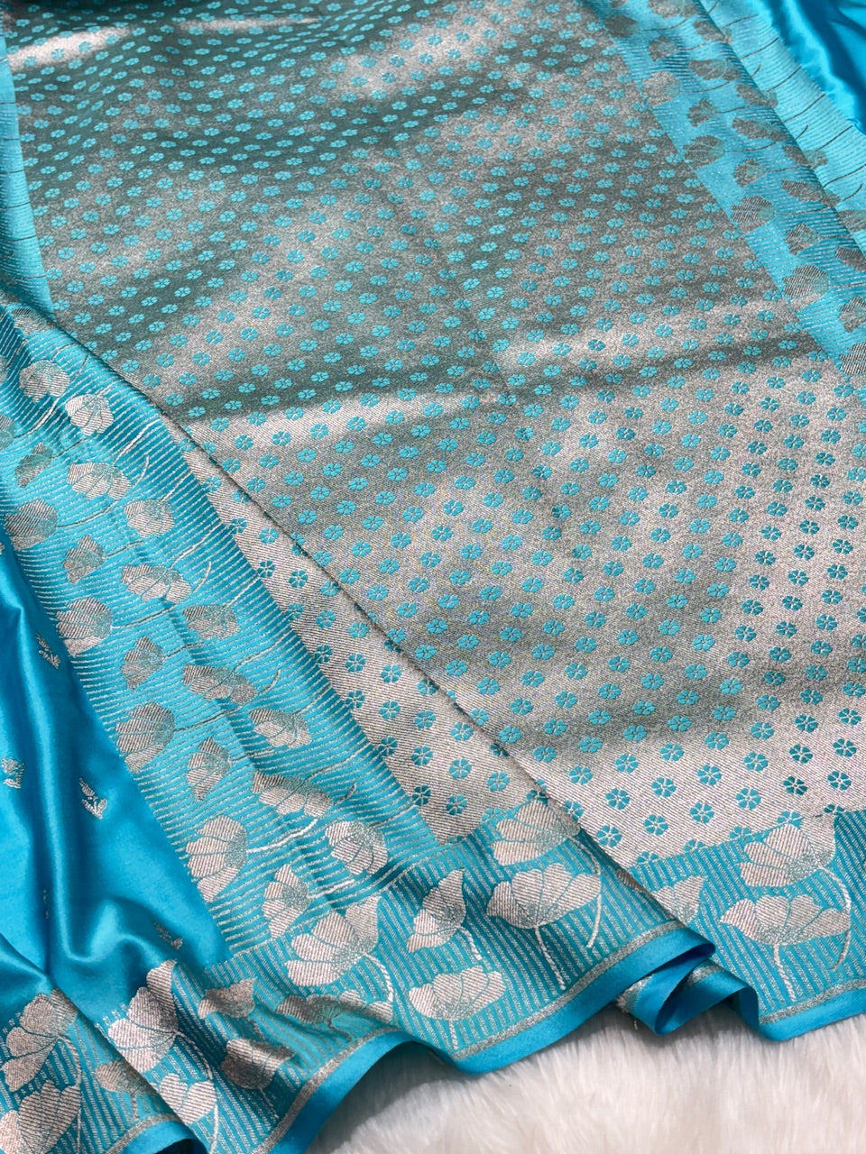 Sky Blue Pure Banarasi Mashru Silk Saree