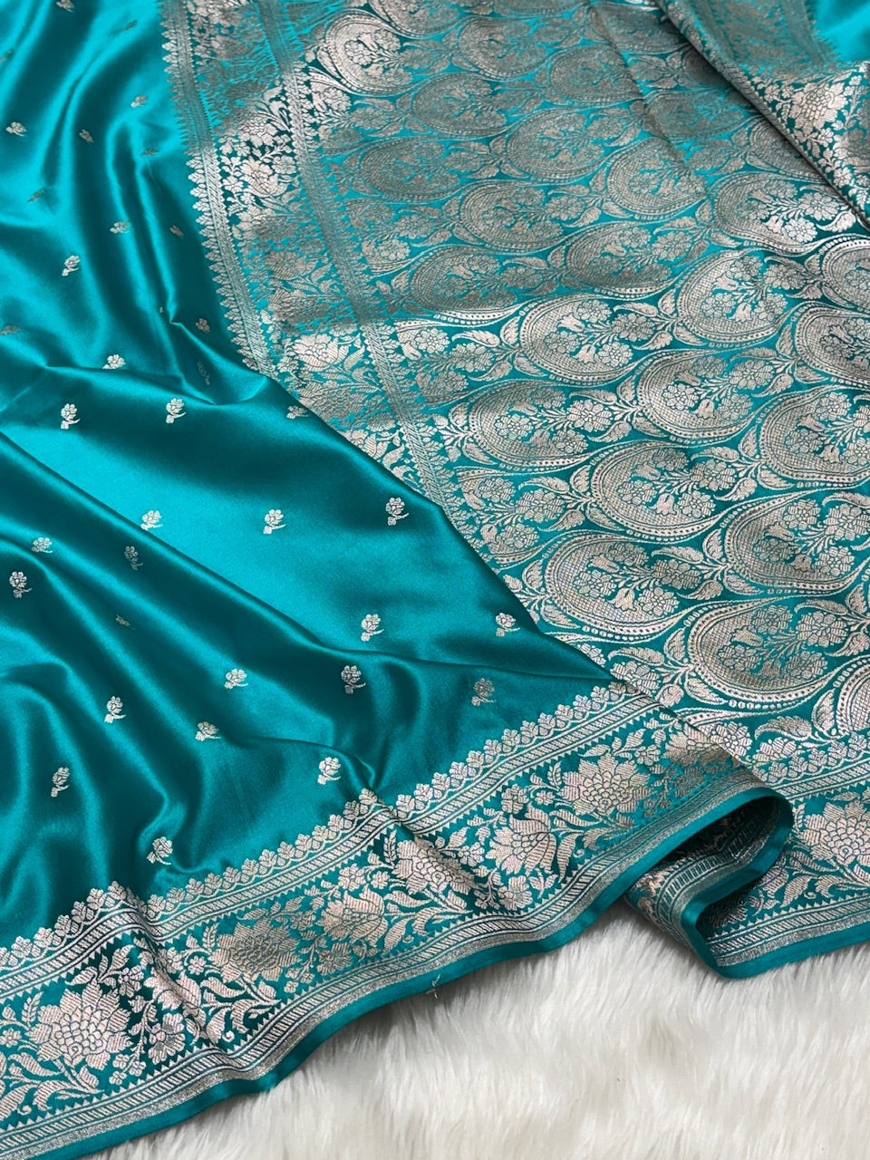 Turquoise Blue Pure Banarasi Mashru Silk Saree