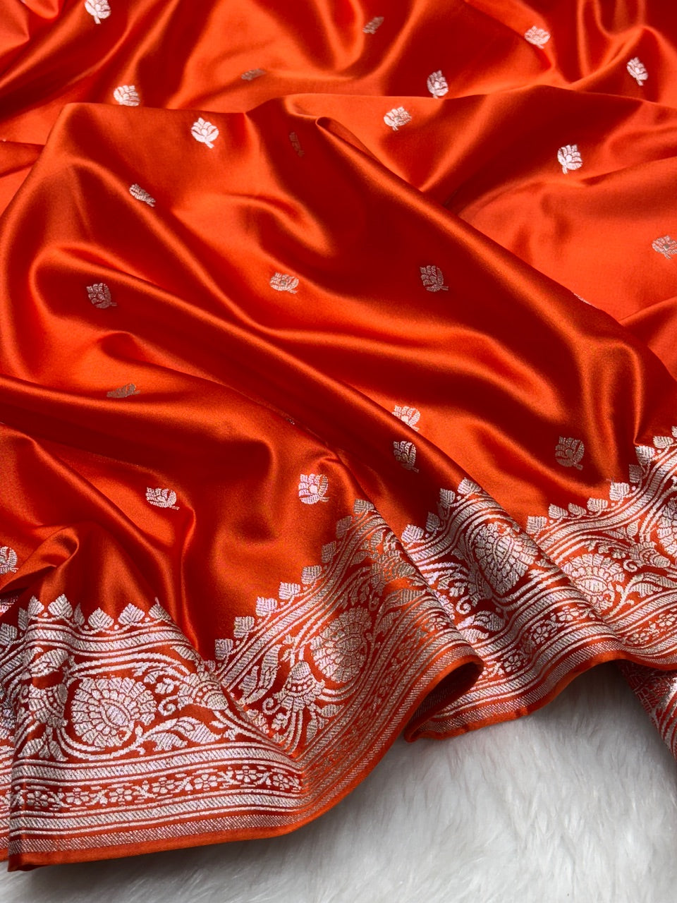 Bright Orange Pure Banarasi Mashru Silk Saree