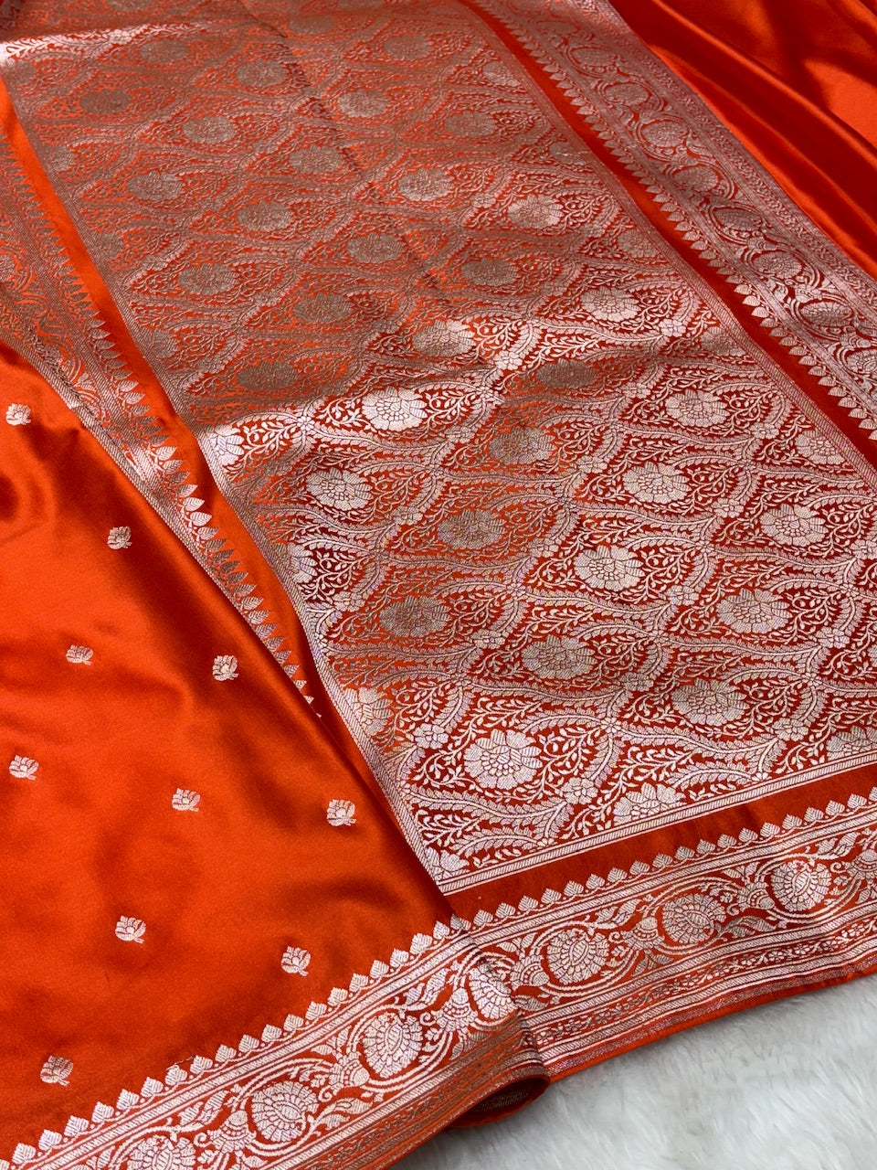 Bright Orange Pure Banarasi Mashru Silk Saree