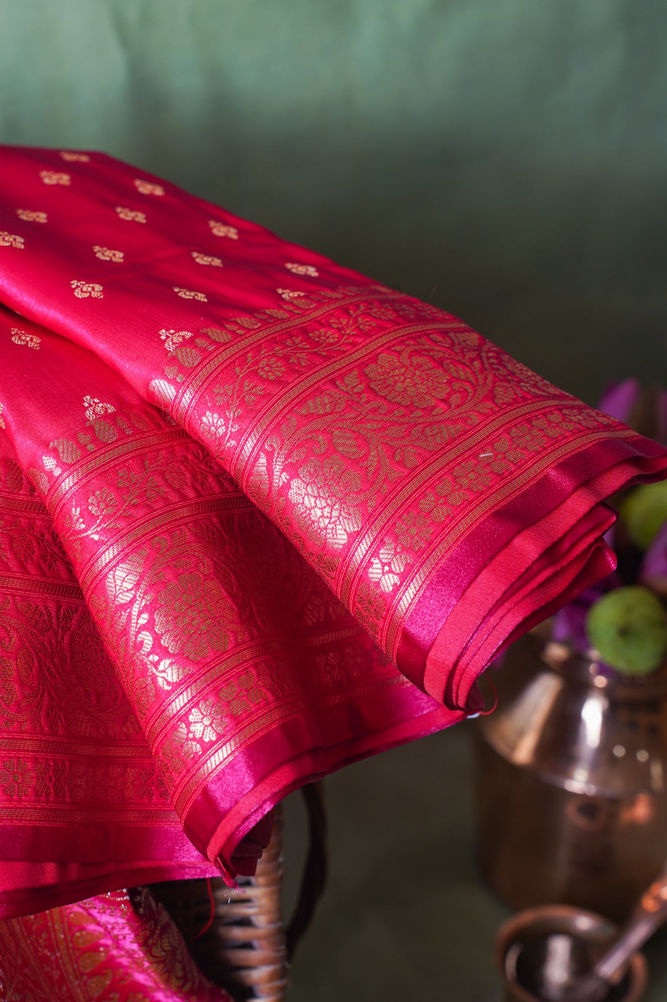 Magenta Pink Banarasi Upada Satin Silk buti Saree