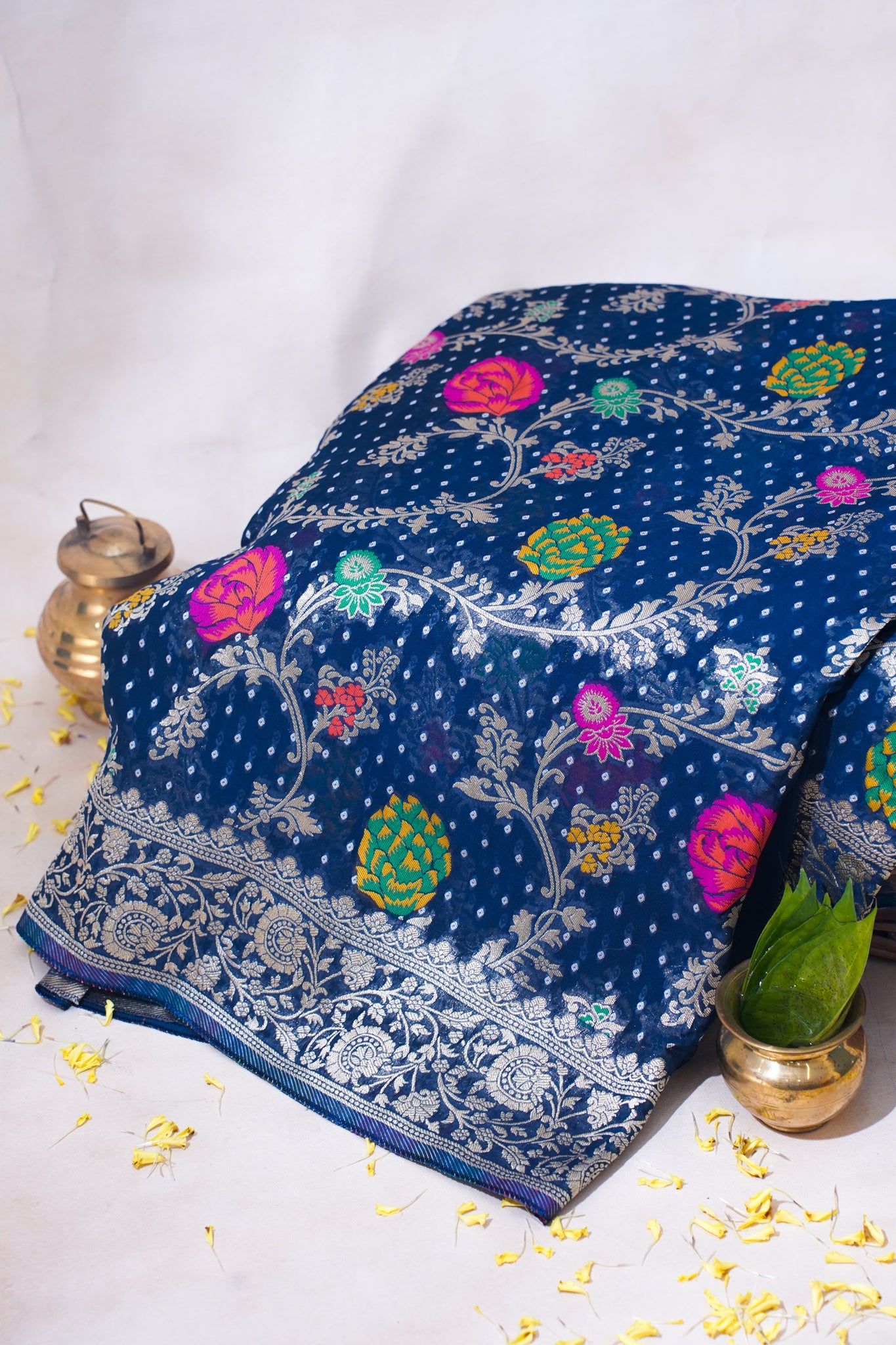 Navy Blue Khaddi Georgette Minakari Jaal Bandhej Saree