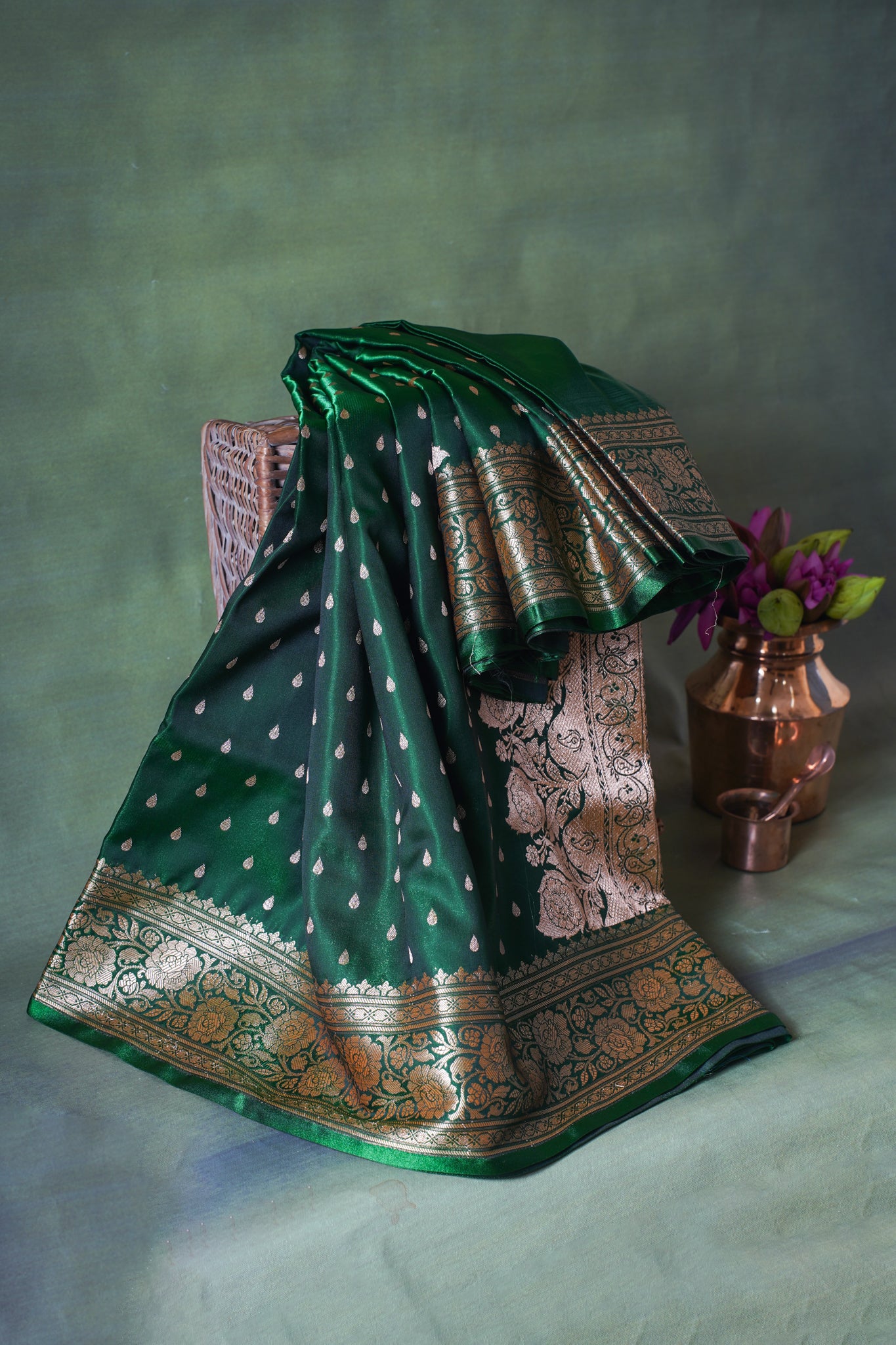 Emerald Green Banarasi Upada Satin Silk Buti Saree