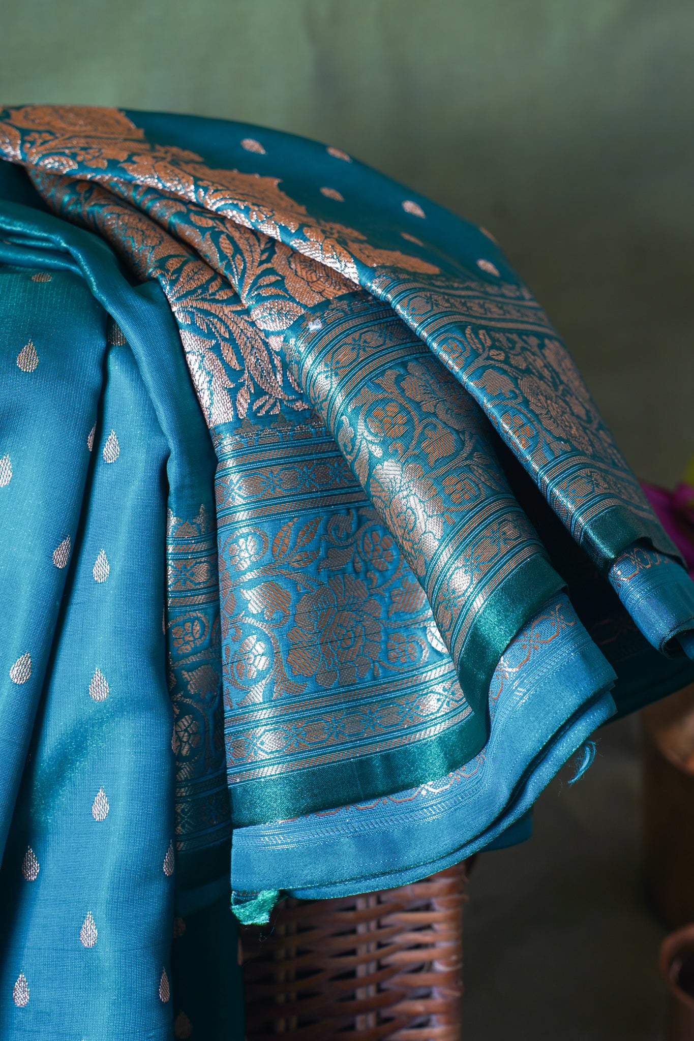 Peacock Blue Banarasi Upada Satin Silk Buti Saree