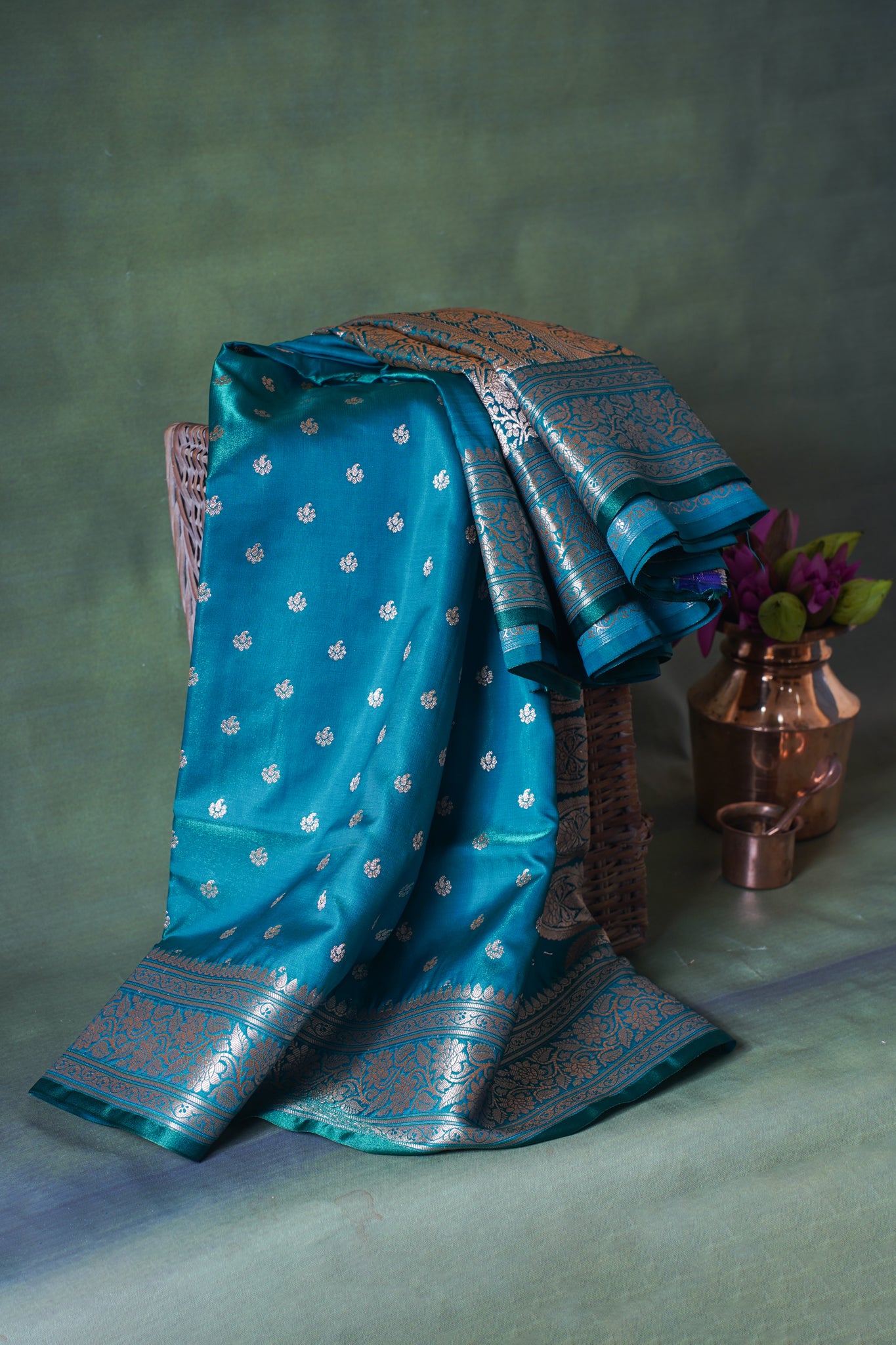 Peacock Blue Banarasi Upada Satin Silk Buti Saree