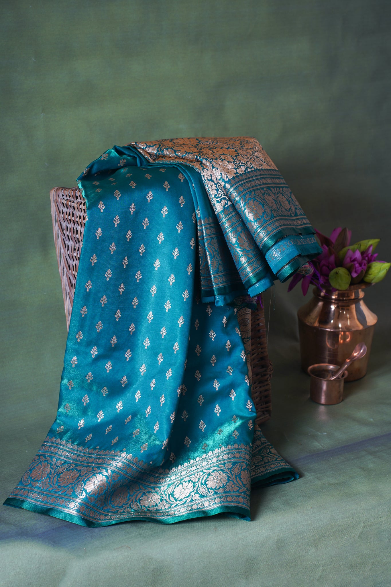 Teal Green Banarasi Upada Satin Silk Buti Saree