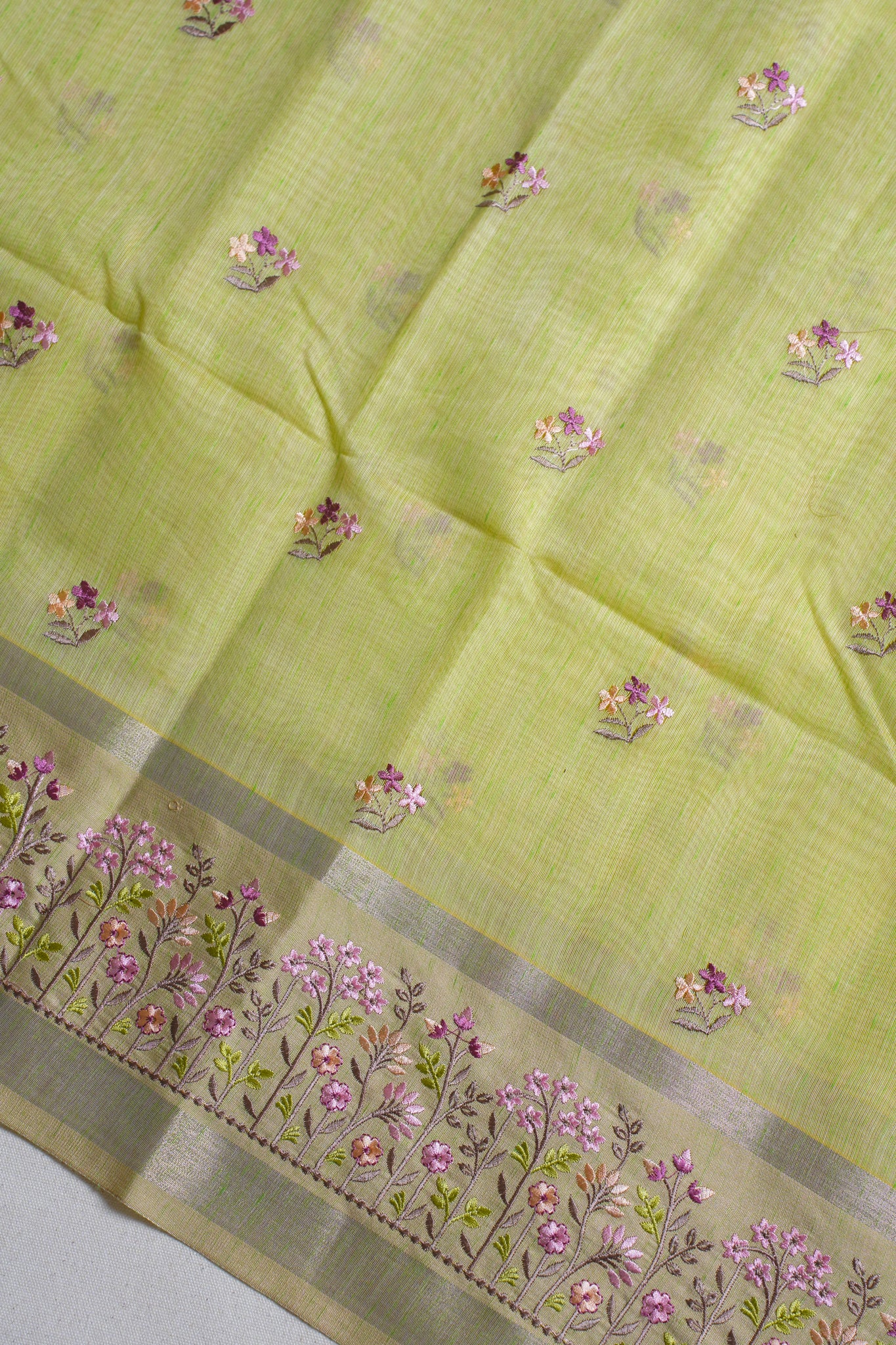 Light Green Linen Embroidery Saree