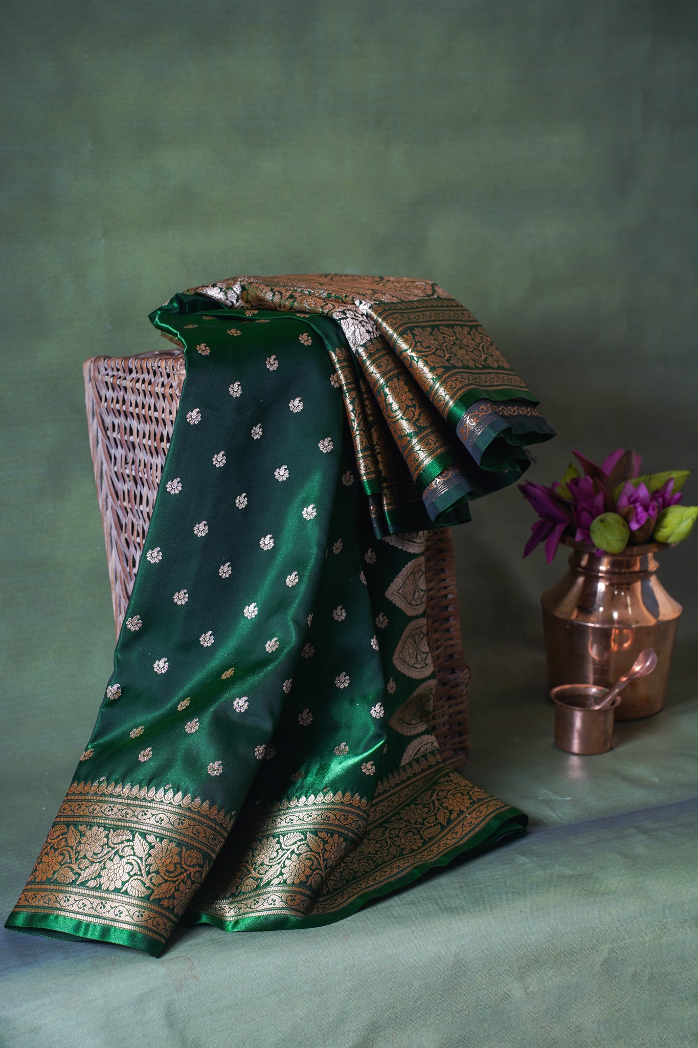 Emerald Green Banarasi Upada Satin Silk Buti Saree